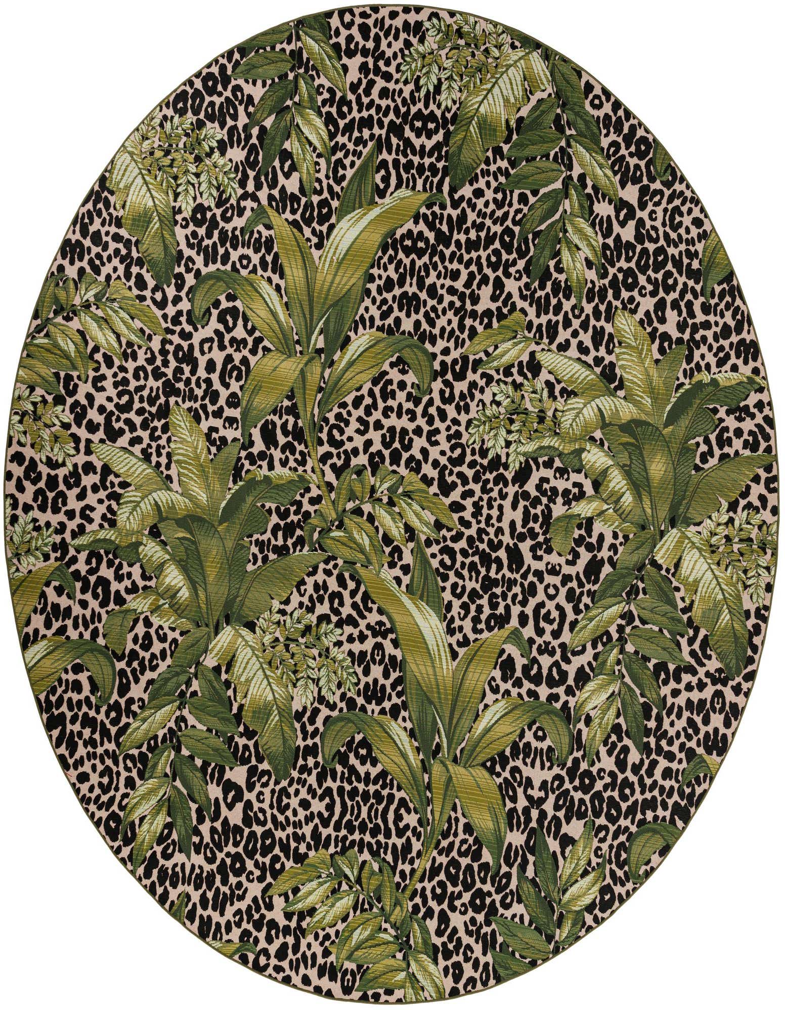 A large round green botanical rug with a leopard print background, suitable for indoor or outdoor use.