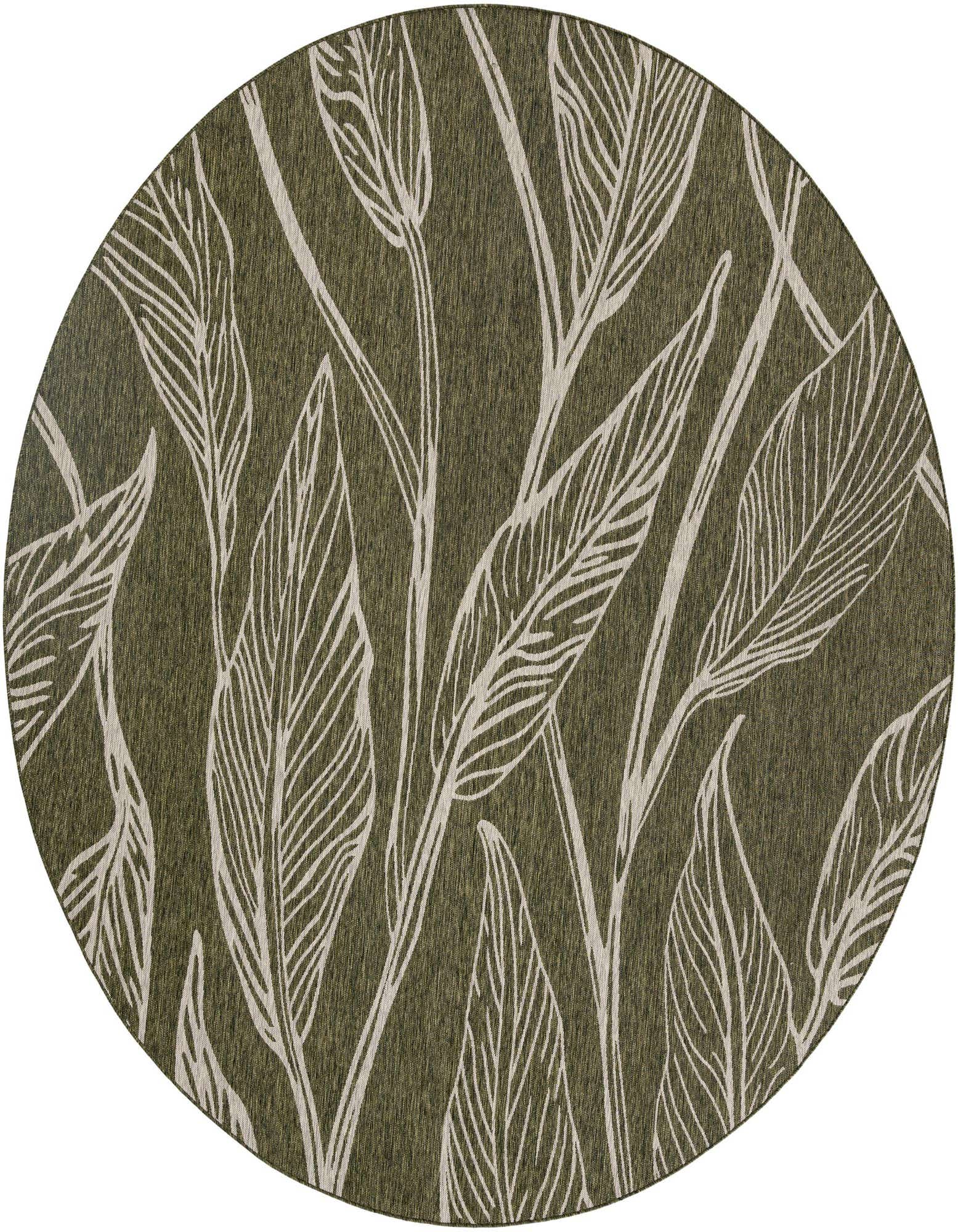 A 12-foot round green outdoor rug with a white botanical leaf pattern, suitable for a patio.
