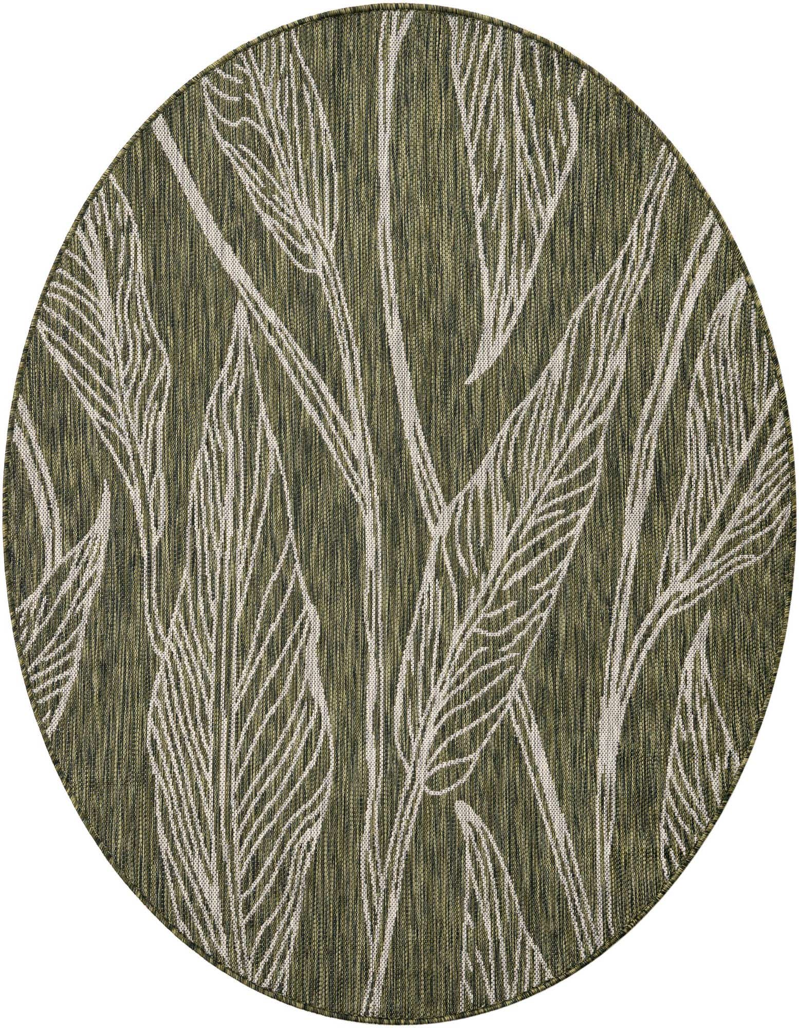 A 5'3" round green indoor/outdoor rug with a modern botanical pattern of white outlined leaves.