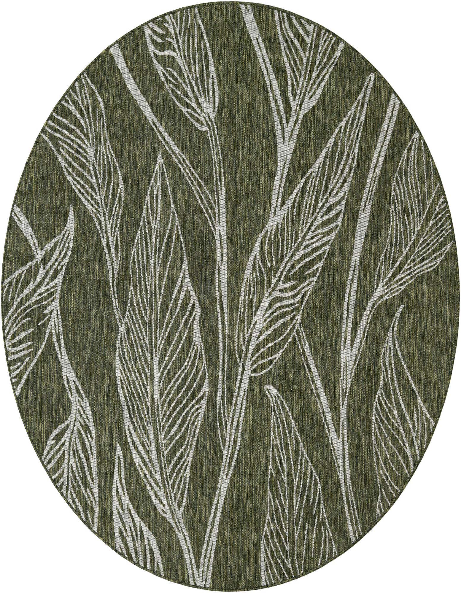 A round green indoor/outdoor rug with a modern botanical pattern of white outlined leaves and stems.