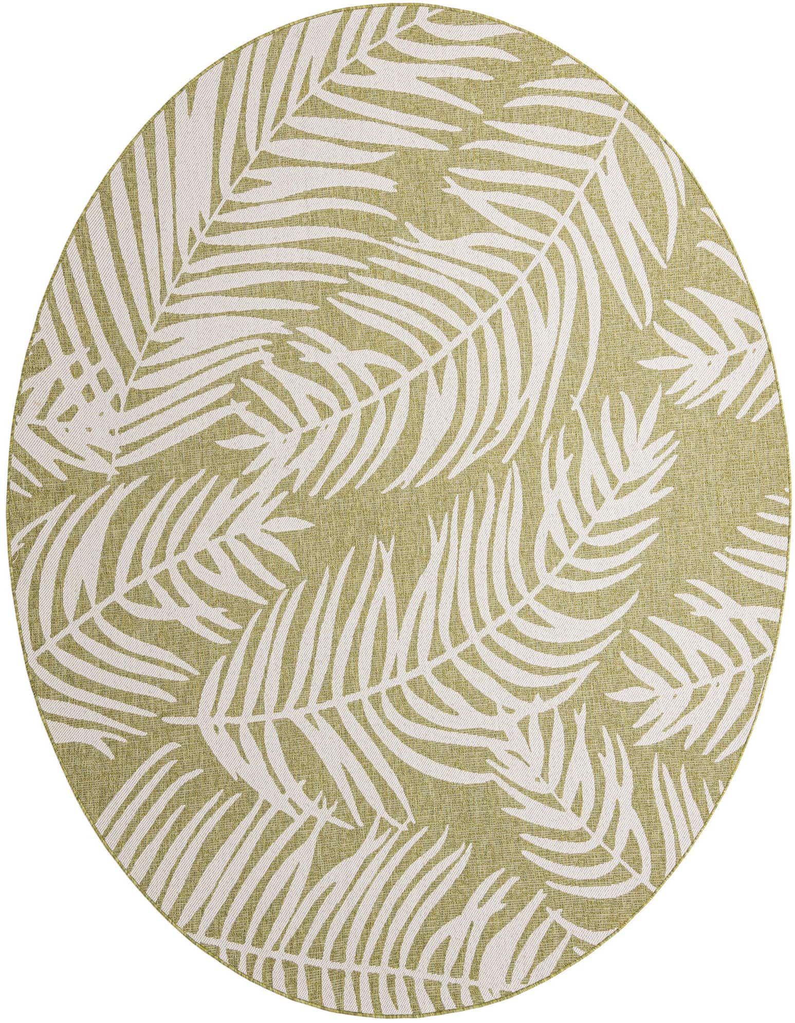 A 10-foot round green and white botanical rug featuring large white palm leaves on a textured green background, suitable for indoor or outdoor use.