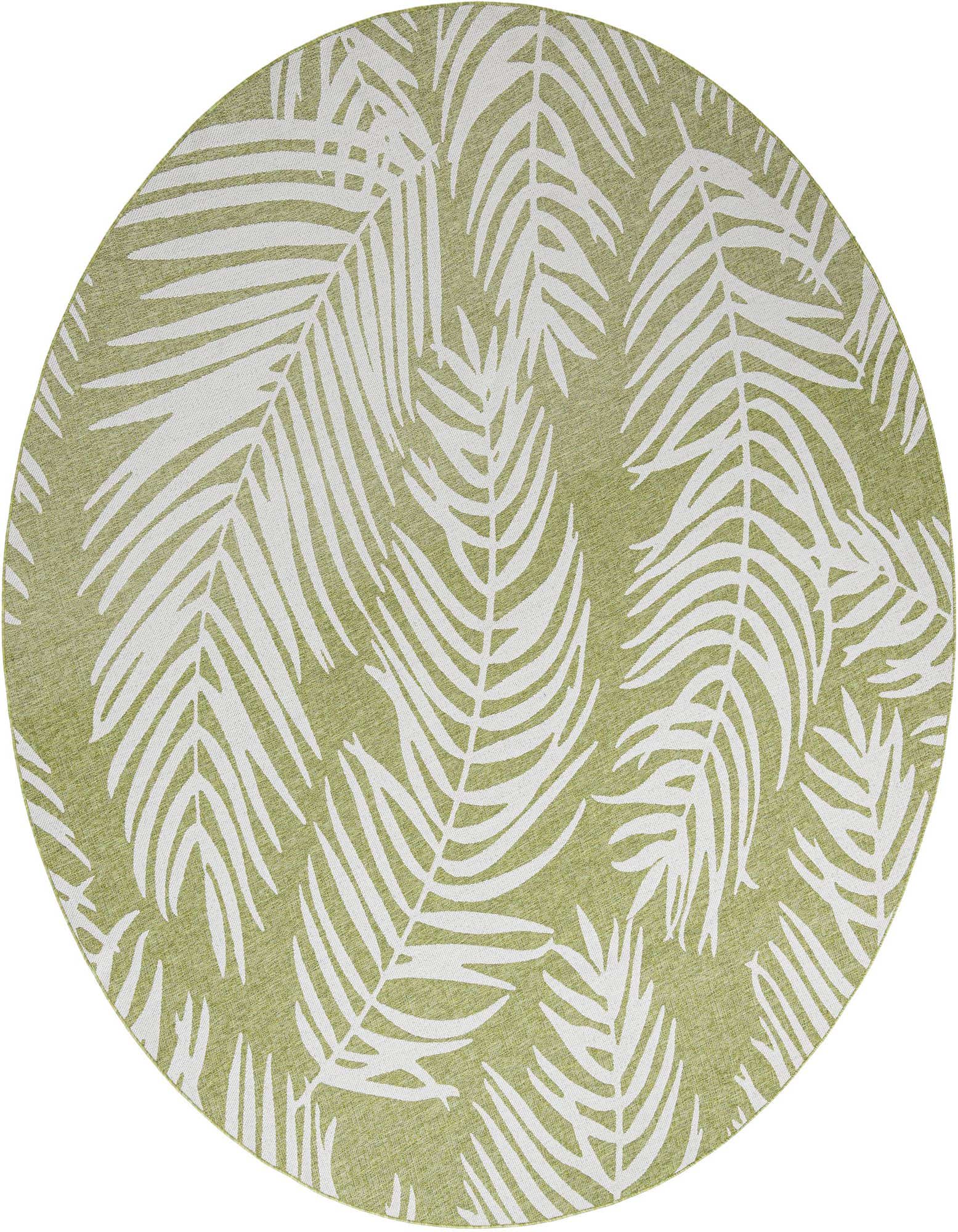 A 12-foot round green and white botanical rug featuring a modern palm leaf pattern, suitable for indoor or outdoor use.