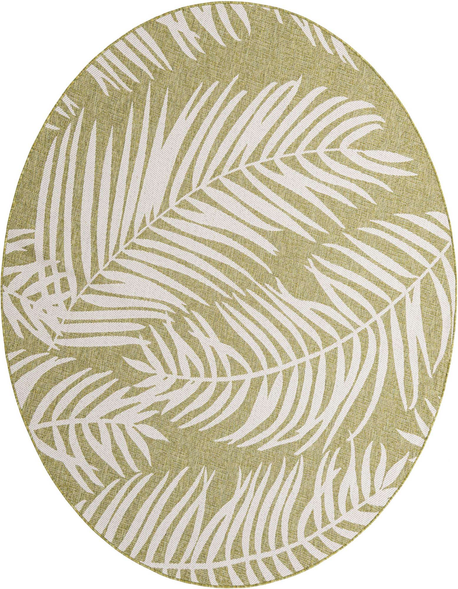 A 7' 10 x 7' 10 round green indoor/outdoor rug with a white botanical palm leaf pattern, suitable for a patio.
