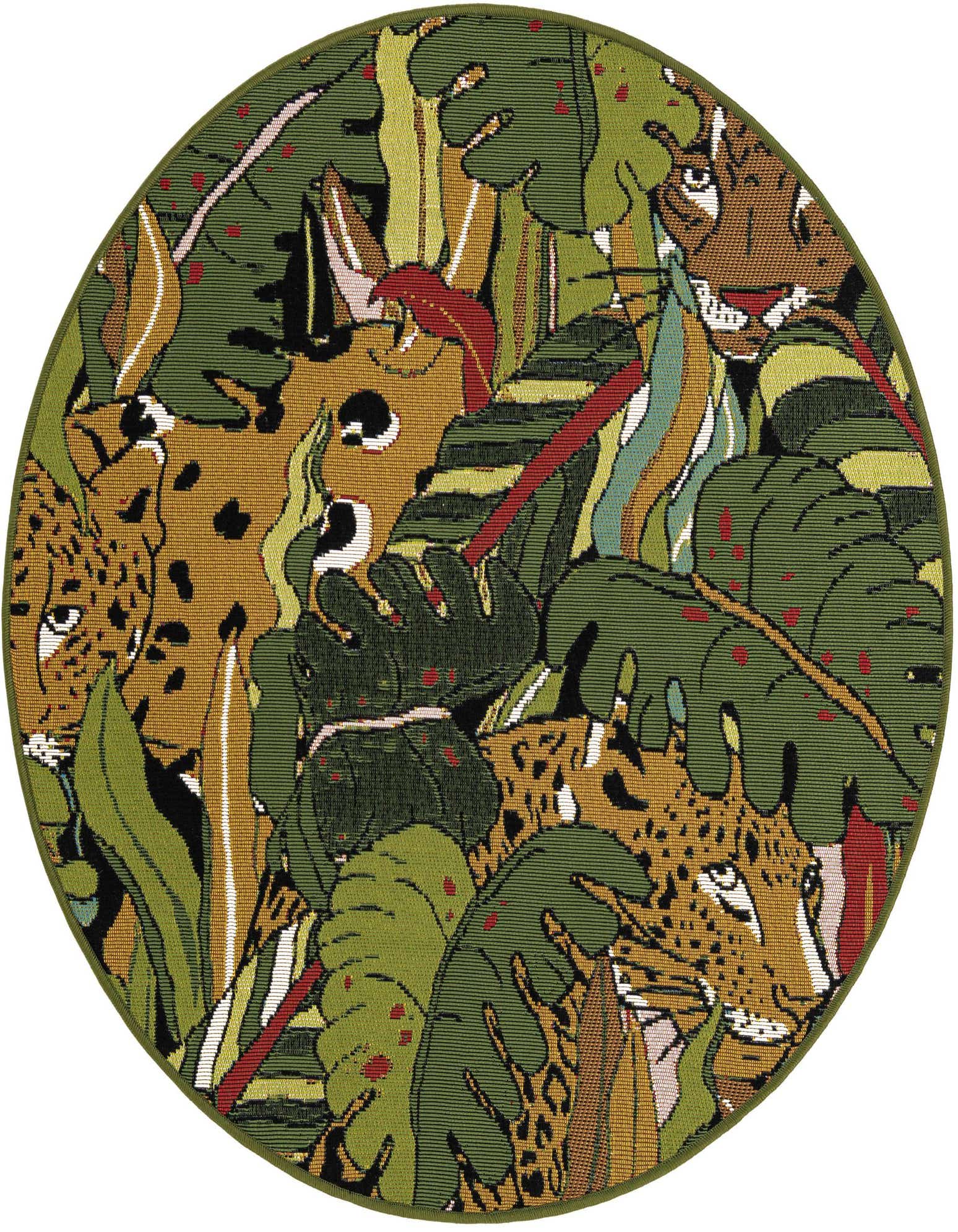 A round green indoor/outdoor rug featuring a vibrant modern botanical pattern with hidden leopards and lush jungle leaves.