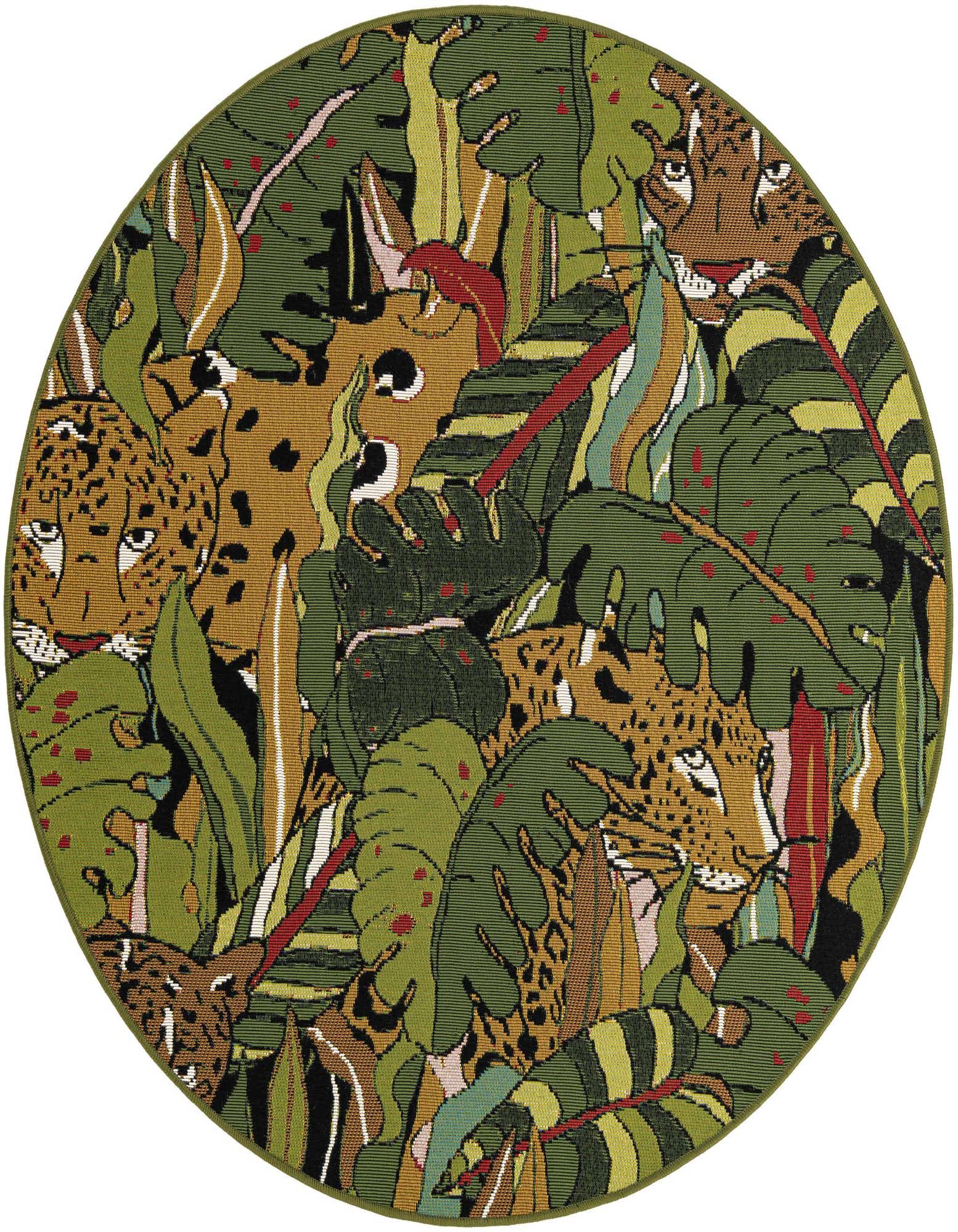 A round green rug with a modern floral pattern featuring leopards peeking through lush jungle leaves, ideal for a patio.