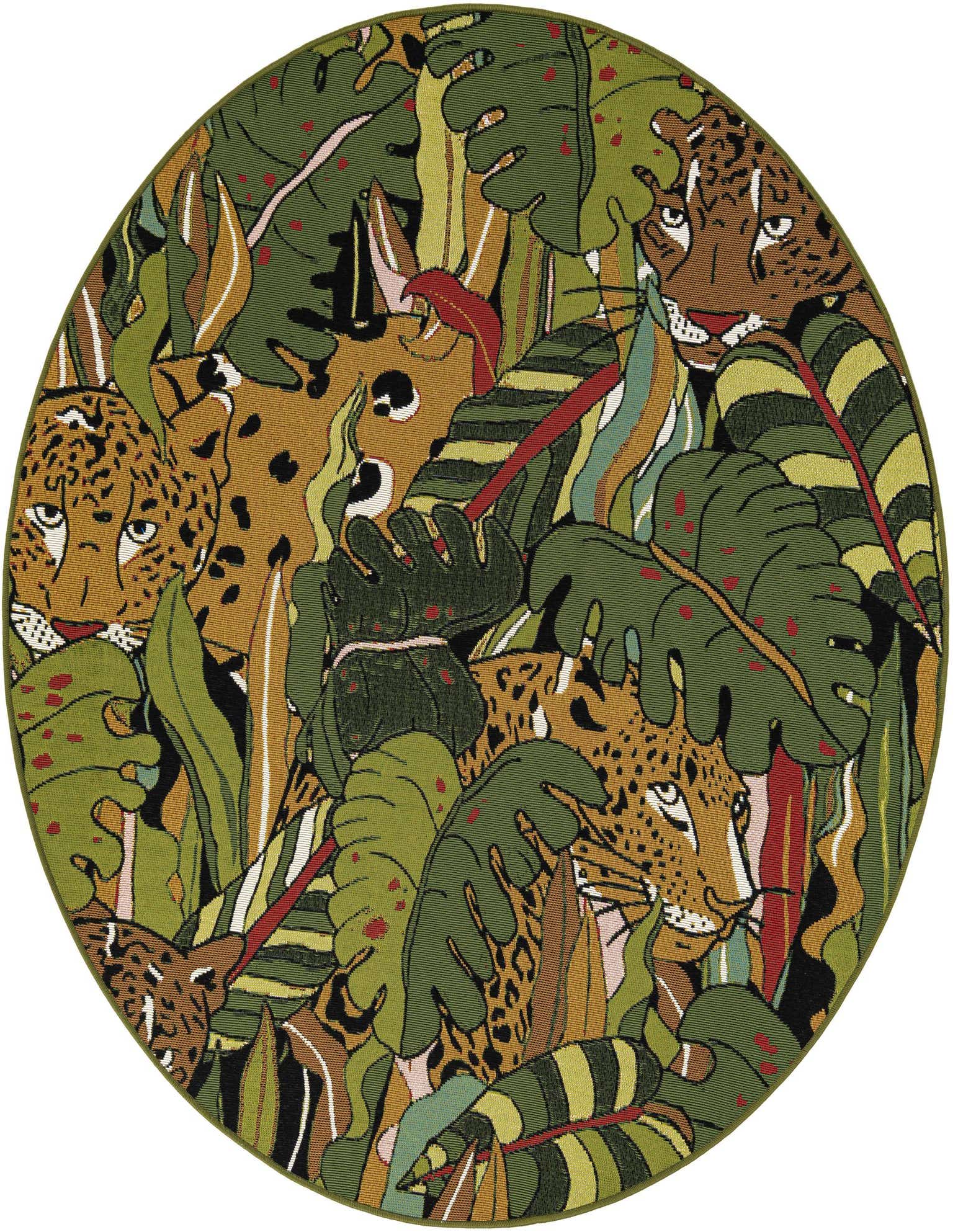 A round green indoor/outdoor rug featuring a modern botanical pattern with hidden leopards among lush jungle leaves.