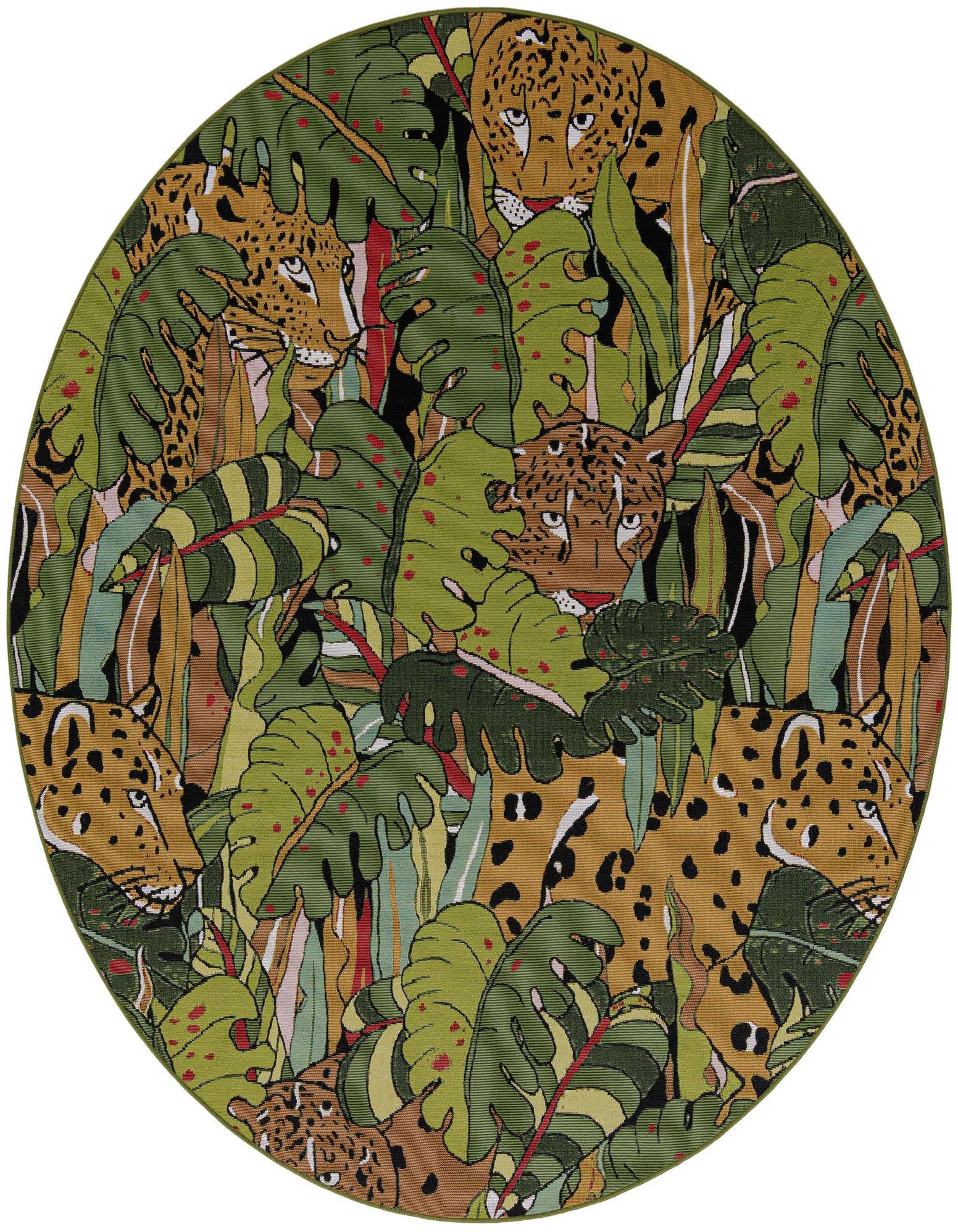 A round green rug featuring a modern jungle pattern with leopards peeking through large green leaves, suitable for a patio.