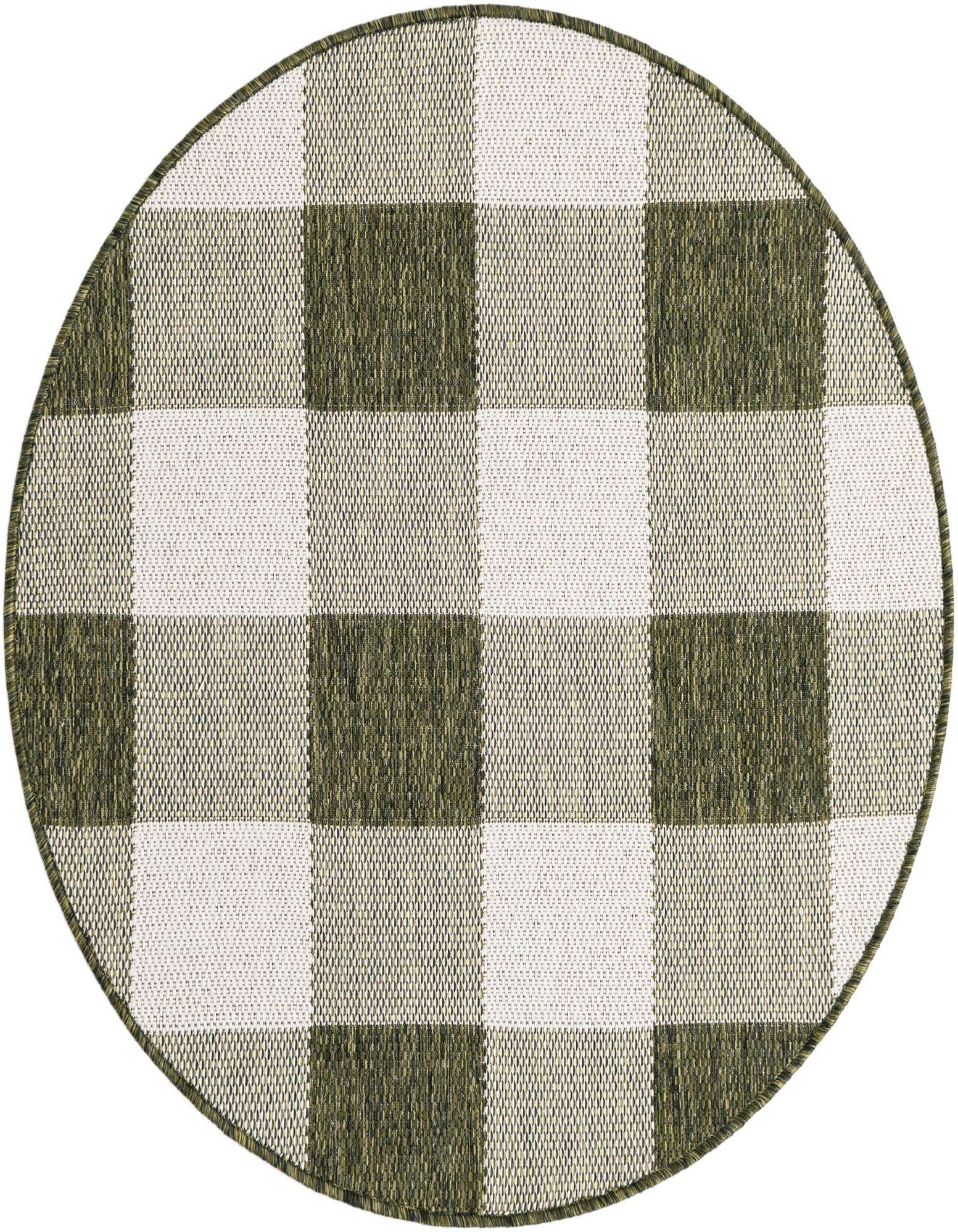 A 3' round green and white checkered flatweave rug, suitable for indoor or outdoor use.