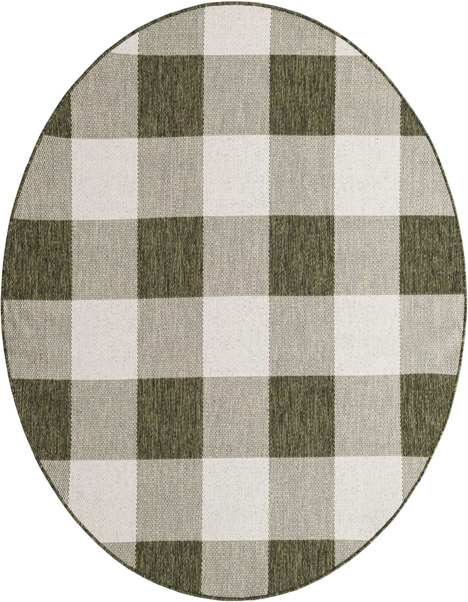 A 6' round green and white checkered flatweave rug, ideal for an indoor or outdoor patio space.