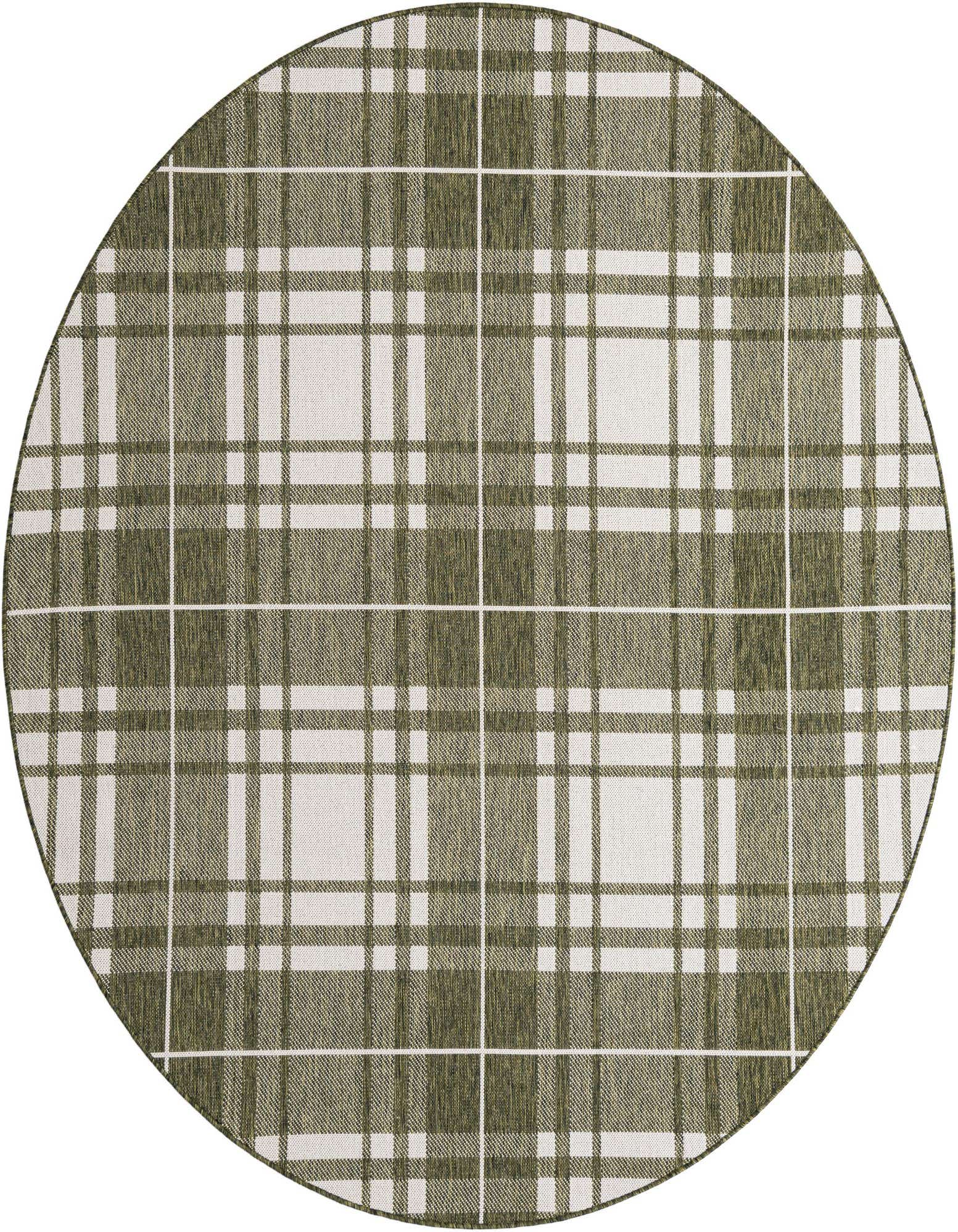 A 7' 10 round green and white plaid rug with a modern checkered pattern, suitable for indoor or outdoor use.
