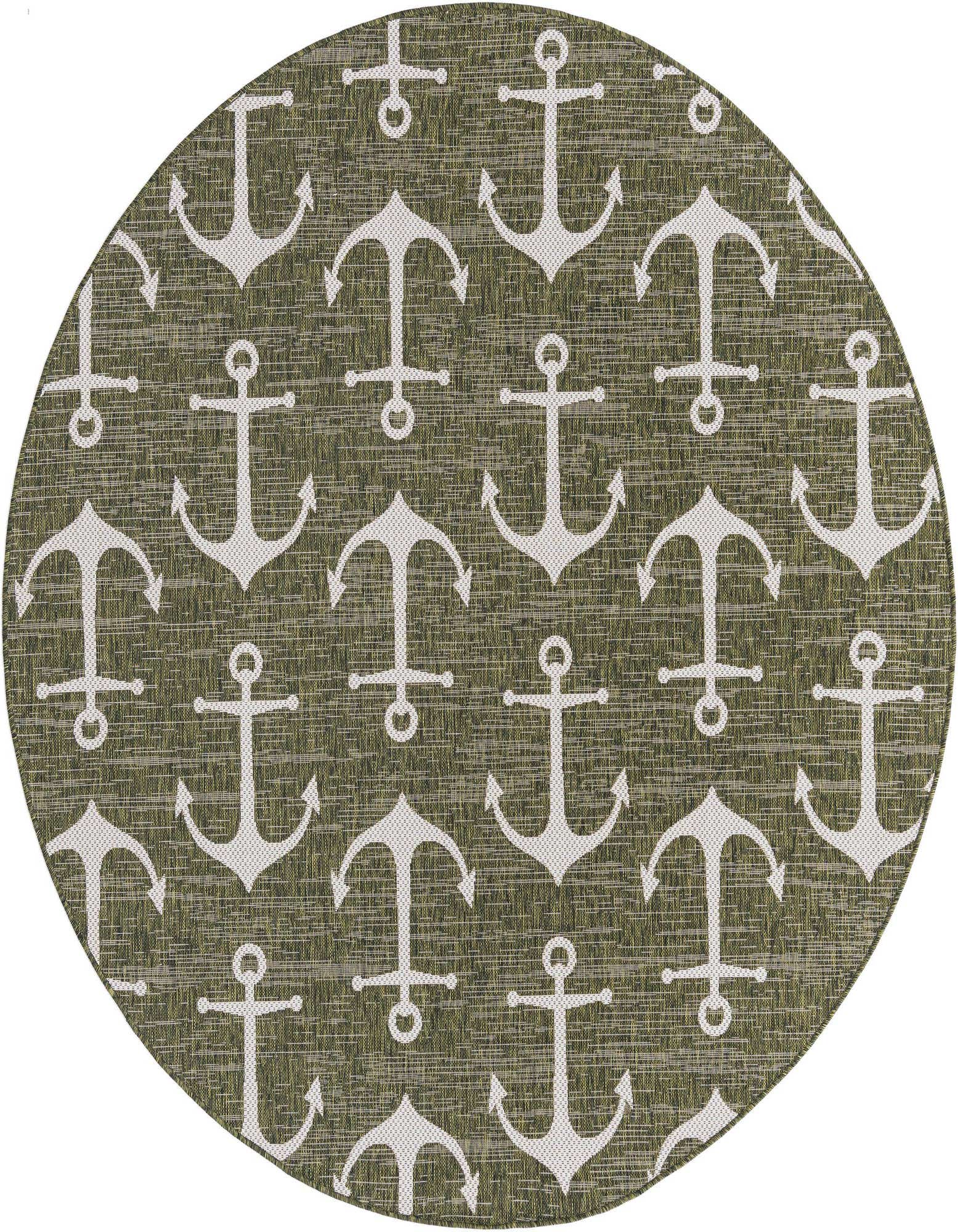 A round 7' 10 x 7' 10 green indoor/outdoor rug with a repeating pattern of white anchors, perfect for a patio.