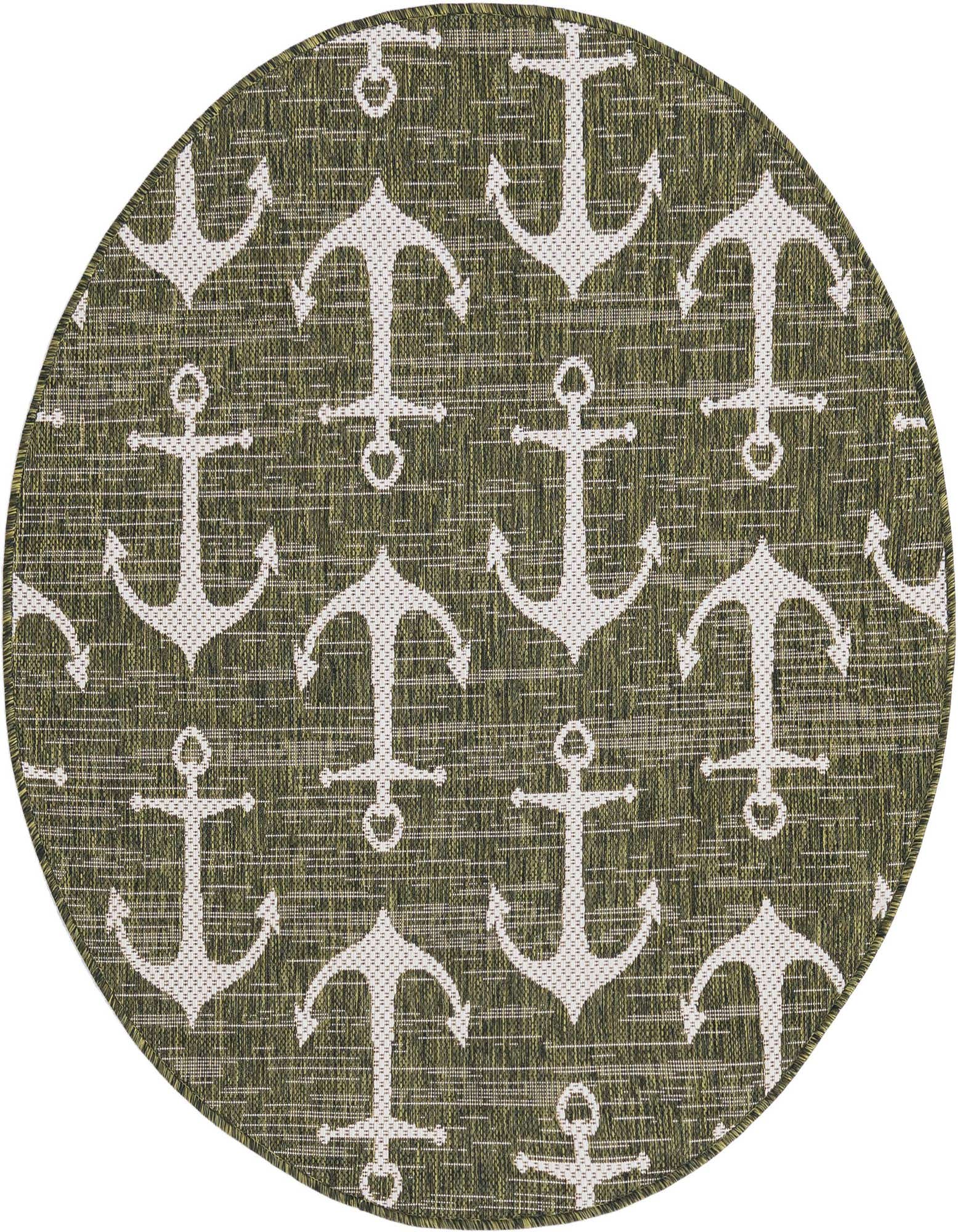 A round green indoor/outdoor rug with a repeating pattern of white anchors, perfect for a patio.