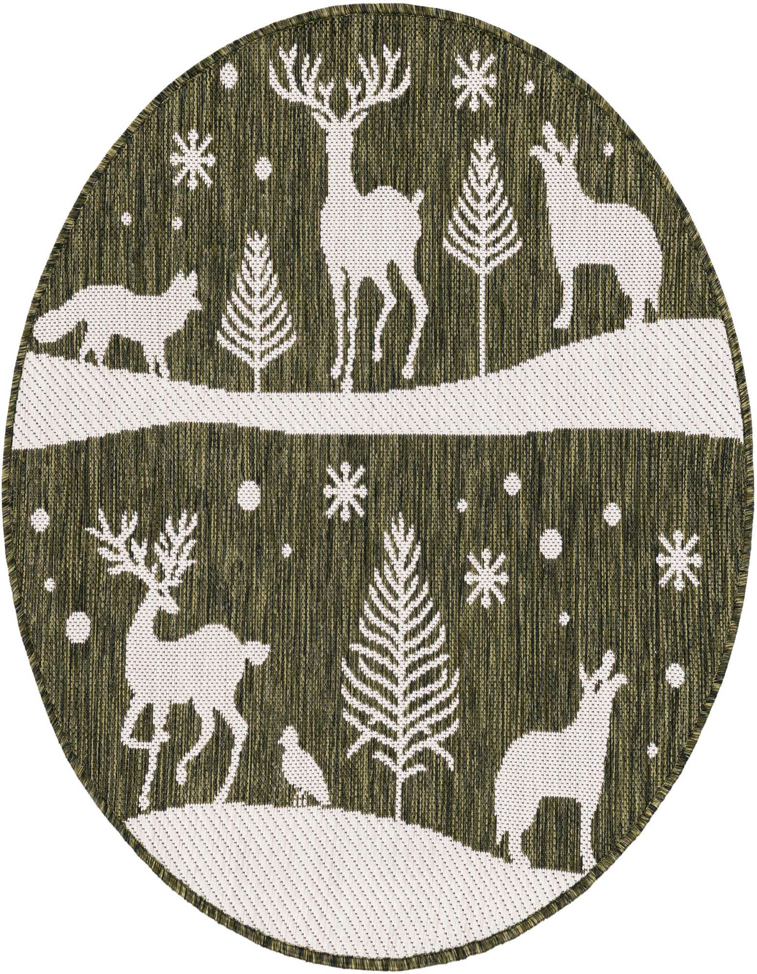 A round green and white outdoor rug featuring a modern winter scene with deer, foxes, and trees.