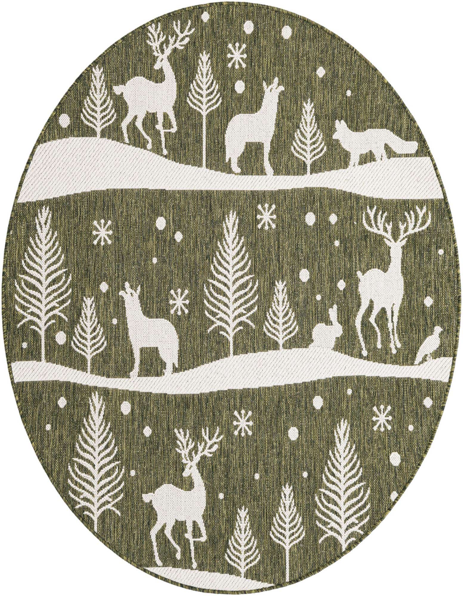 Round green outdoor rug with white winter forest scene, deer, foxes, and snow, perfect for a patio.