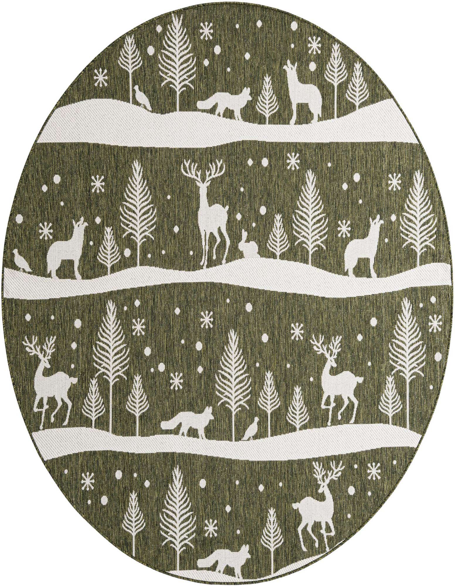 A round green and white rug featuring a modern winter forest scene with deer, foxes, rabbits, and snowflakes.