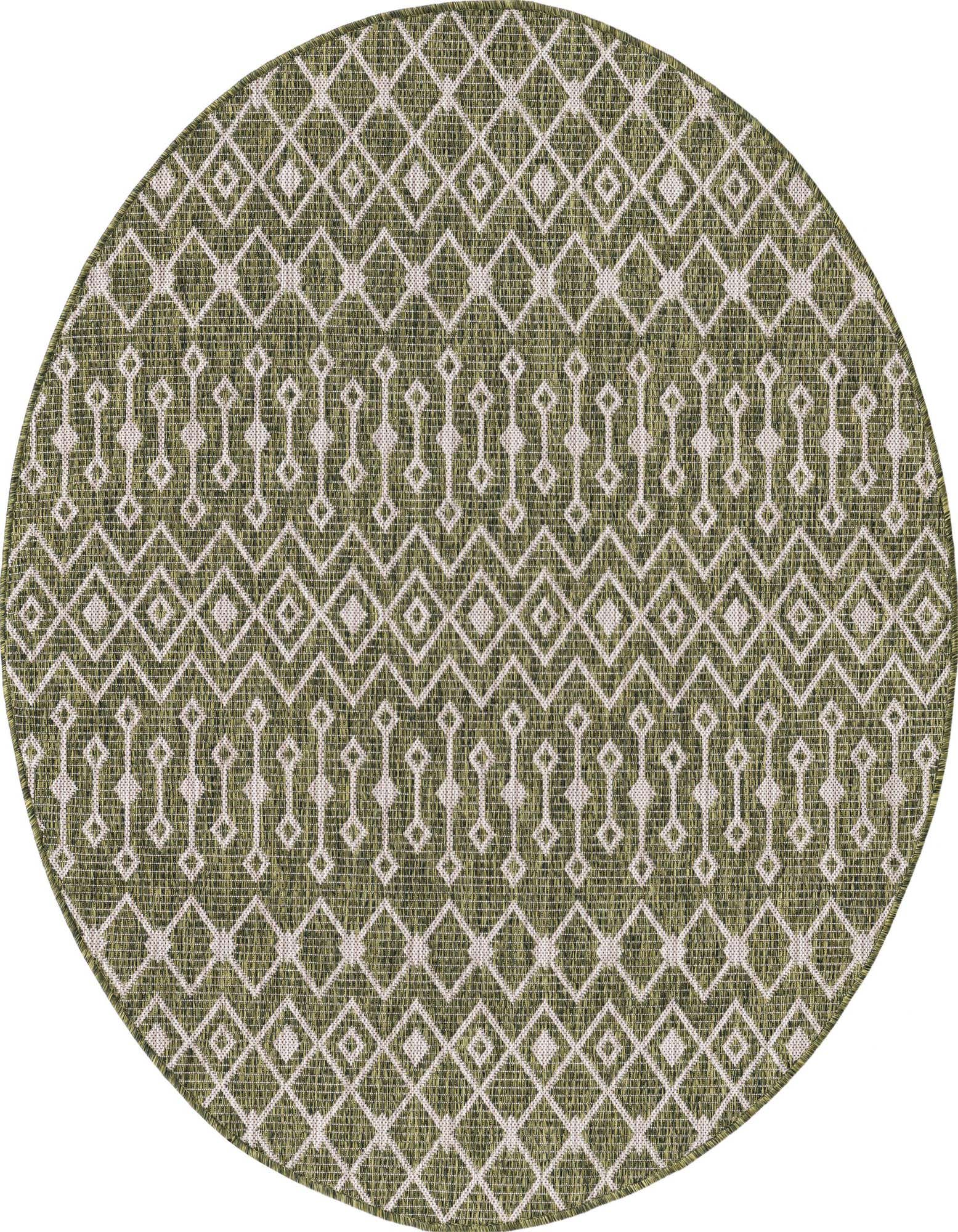 A round 5'3" green tribal patterned rug with white geometric diamonds and vertical motifs, suitable for indoor or outdoor use.
