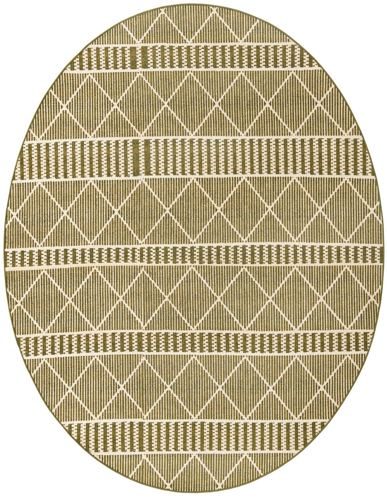 A round green and white Bohemian-style outdoor rug featuring a tribal trellis pattern with alternating horizontal stripes and diamond shapes.