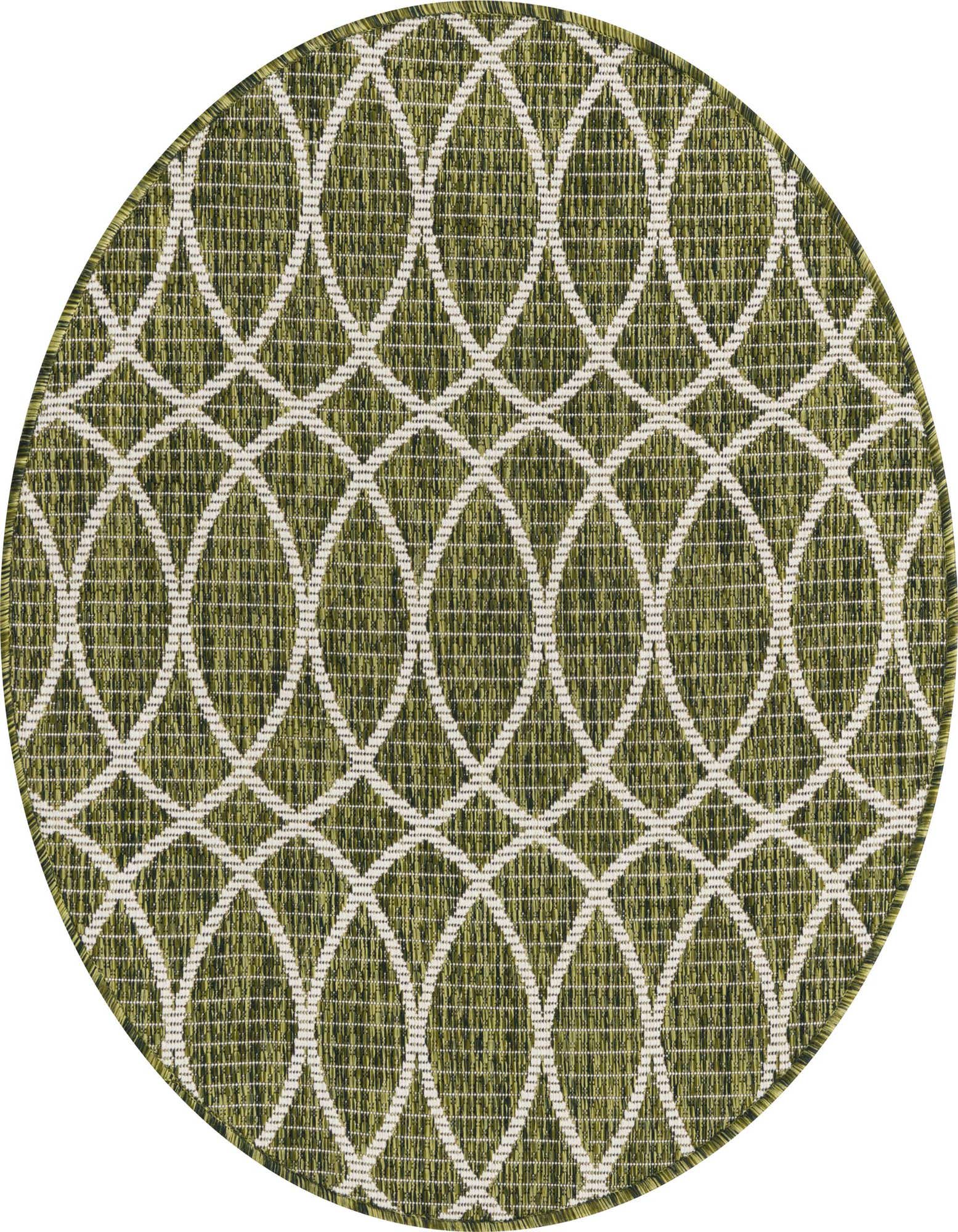 A 3' round green and white modern trellis rug, made of polypropylene, suitable for indoor or outdoor use.