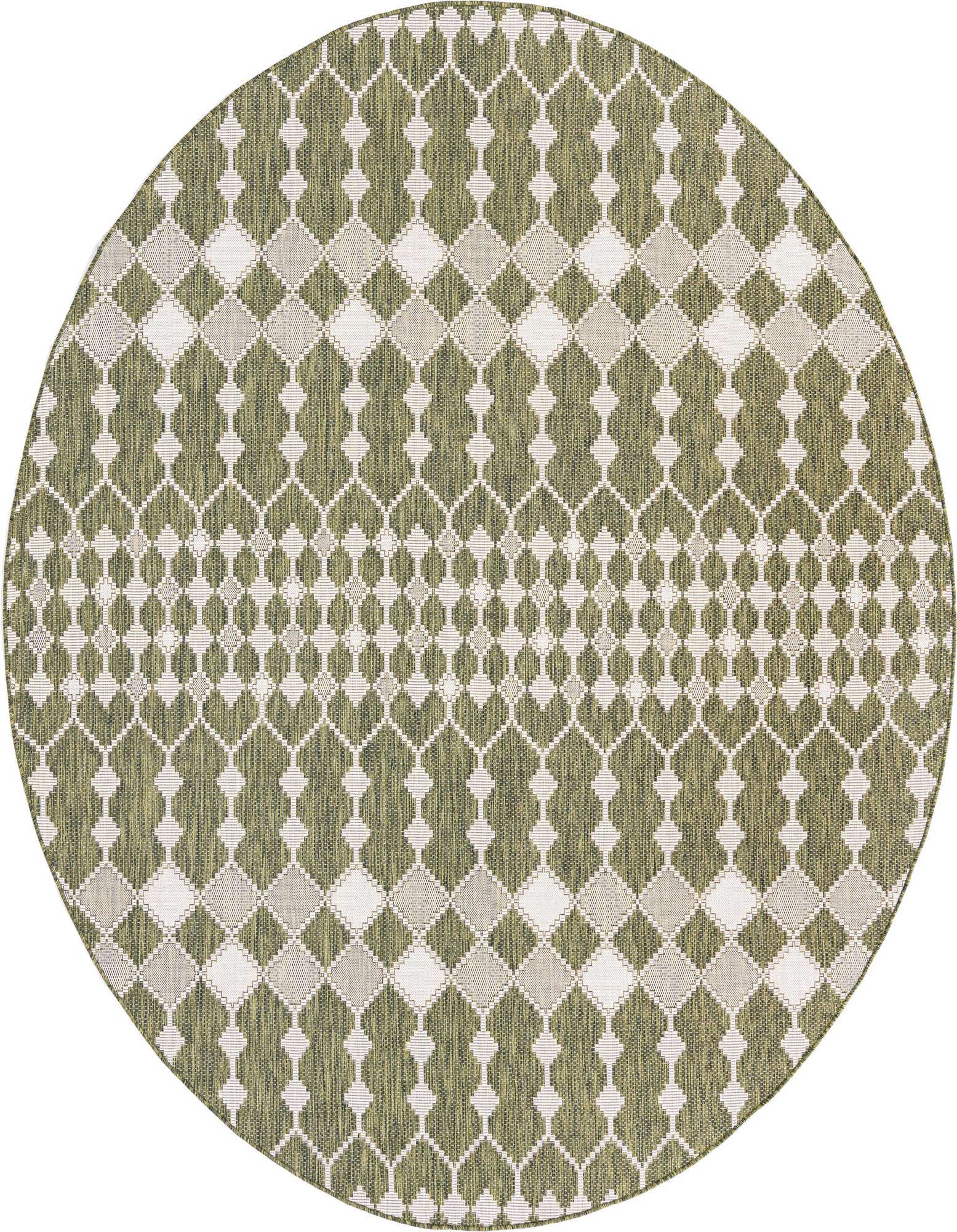 A 10-foot round green and off-white trellis pattern rug, suitable for indoor or outdoor spaces.