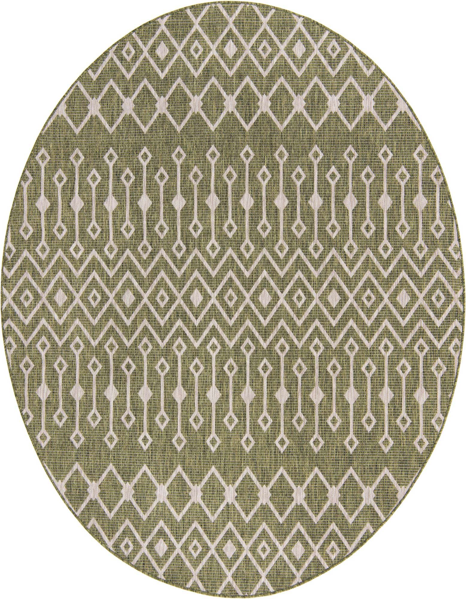 A 10' 8 round green indoor/outdoor rug with a modern tribal lattice pattern in light beige.