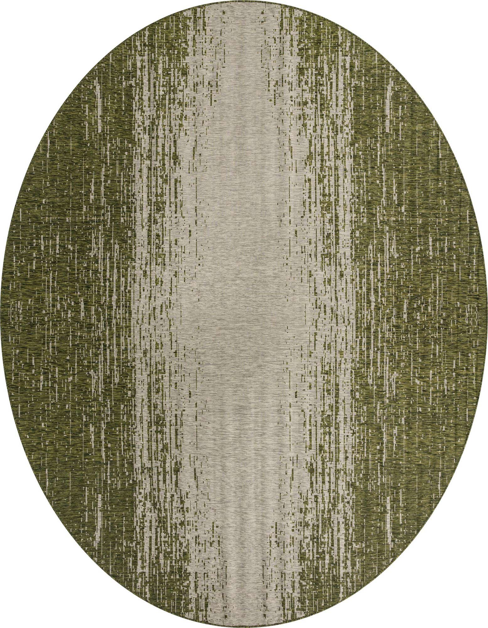 A 13' round green and beige modern outdoor rug with a distressed vertical stripe pattern.
