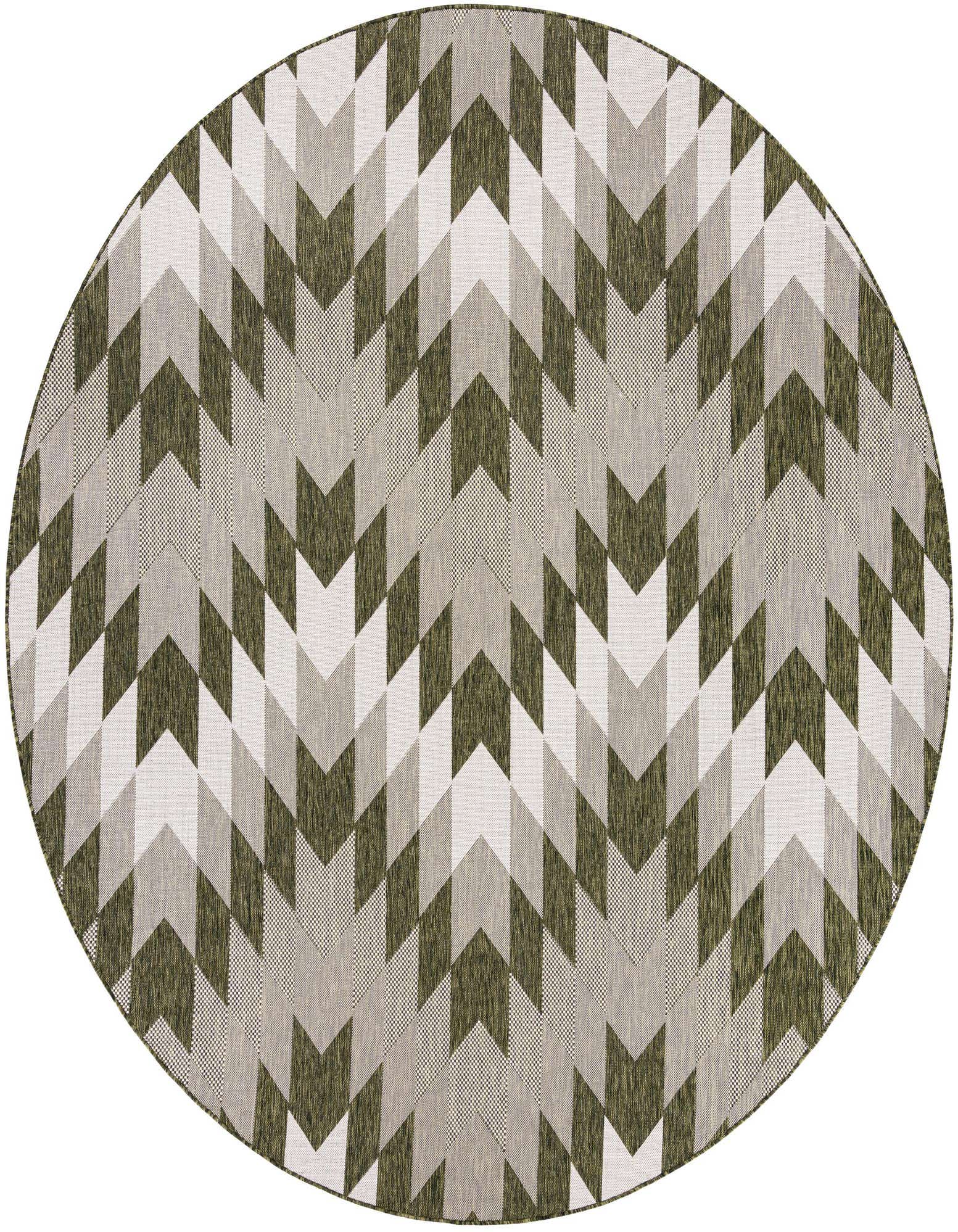 A 10-foot round green and white tribal geometric rug with a flatweave texture, suitable for patios.