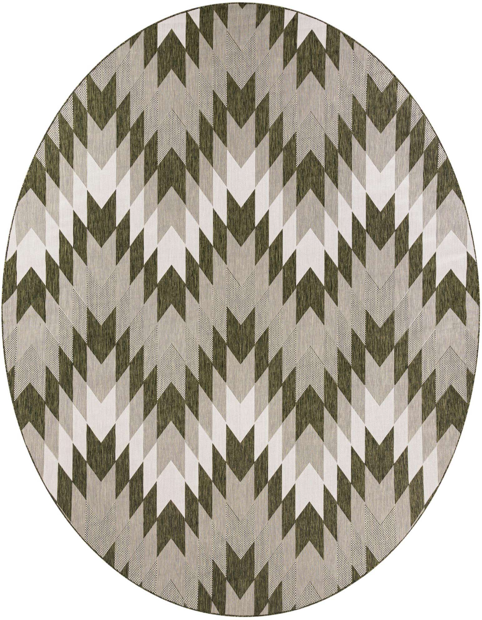A 12' round green and white tribal pattern rug with a modern chevron design, suitable for indoor or outdoor use.