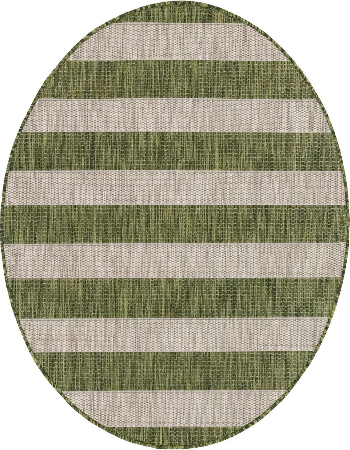 A 4' round green and beige striped indoor/outdoor rug, featuring a flatweave texture, perfect for a patio.