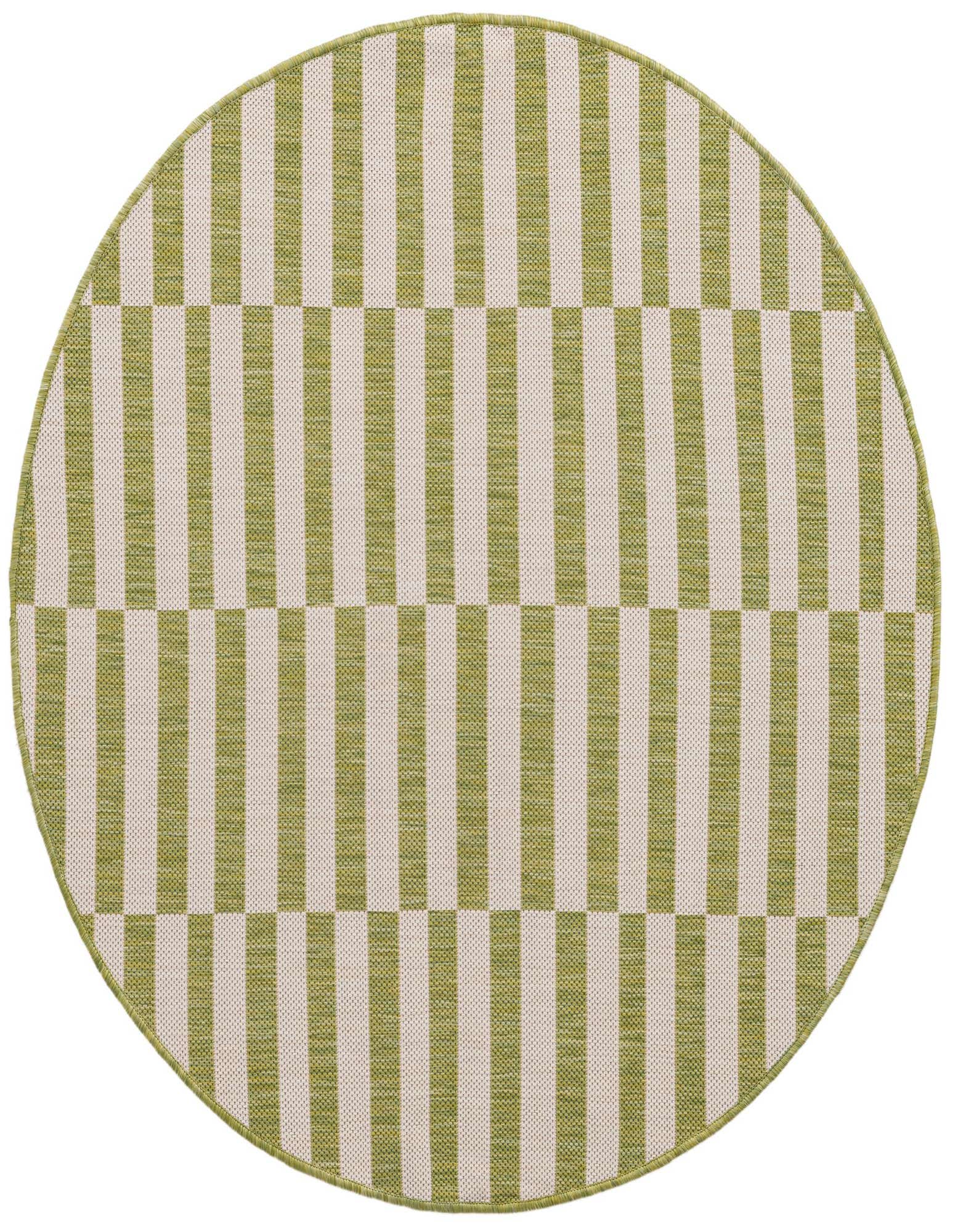 A 4' round green and cream striped rug with a modern Scandinavian pattern, suitable for indoor or outdoor use.