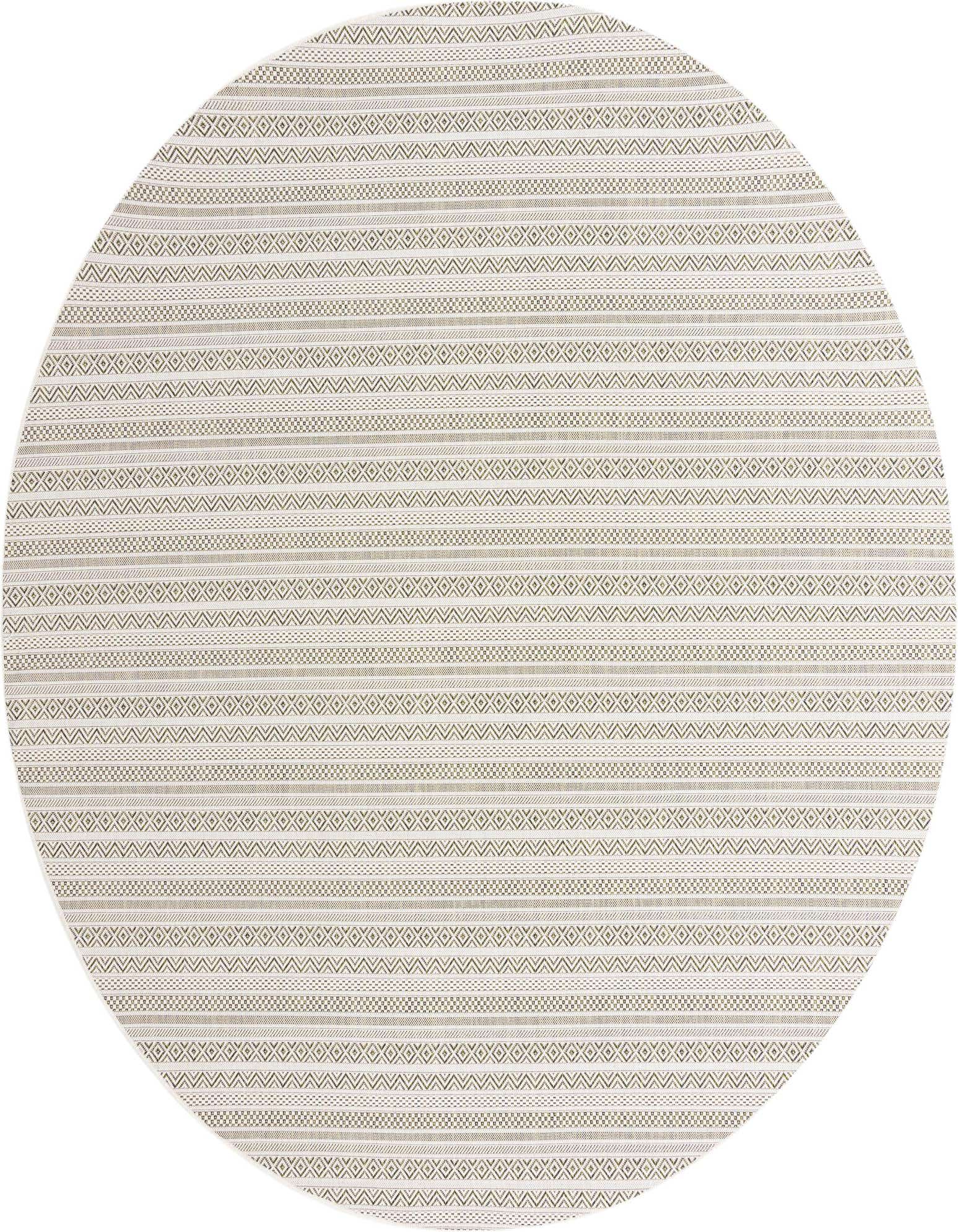 A 10-foot round green and off-white tribal patterned outdoor rug with a flatweave texture.
