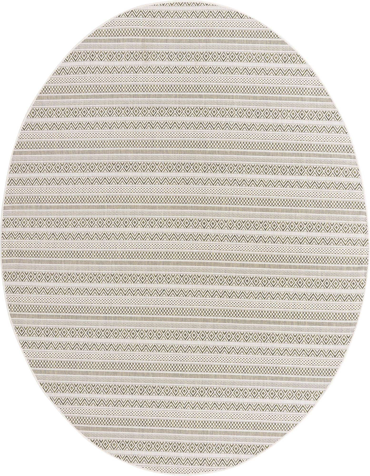 A 7' 10 round green tribal flatweave rug with alternating stripes of geometric patterns, suitable for indoor or outdoor use.