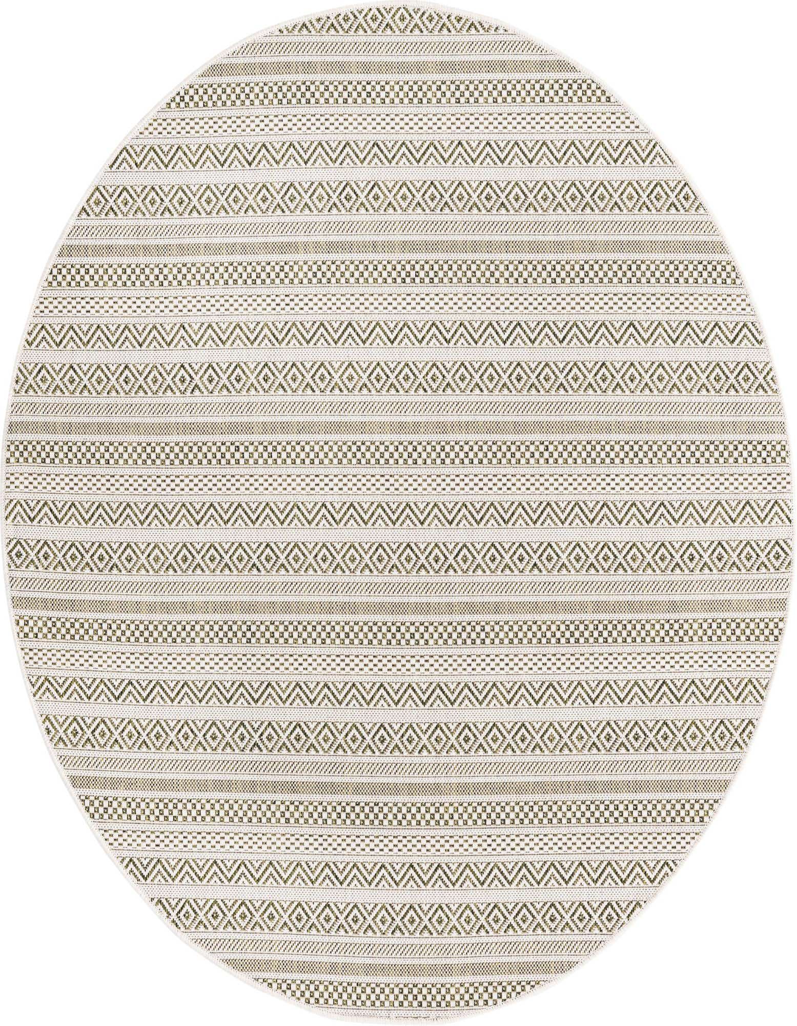 A 5' 3 x 5' 3 round green and white tribal flatweave rug, suitable for indoor or outdoor use.