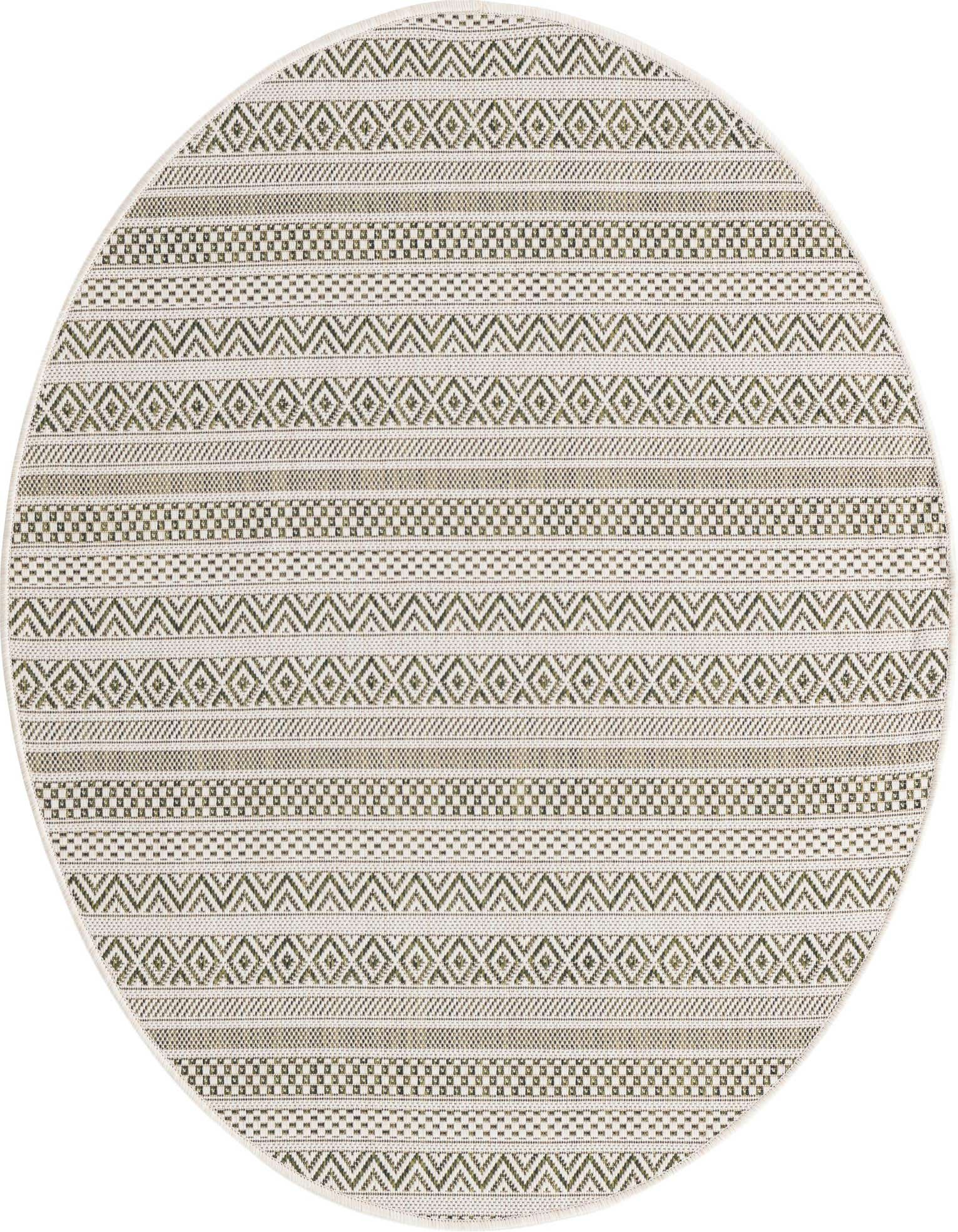 A 4' round green and white tribal patterned rug, suitable for indoor or outdoor use on a patio.