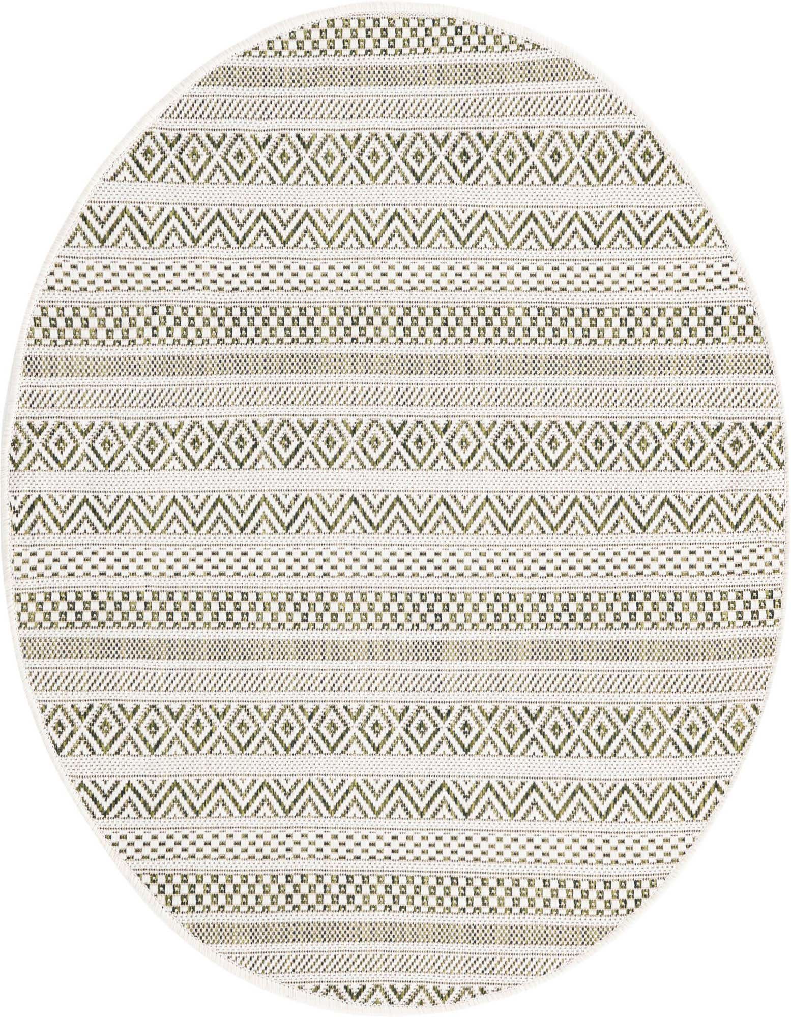 A round green and white tribal flatweave rug with alternating geometric patterns, suitable for indoor or outdoor use.
