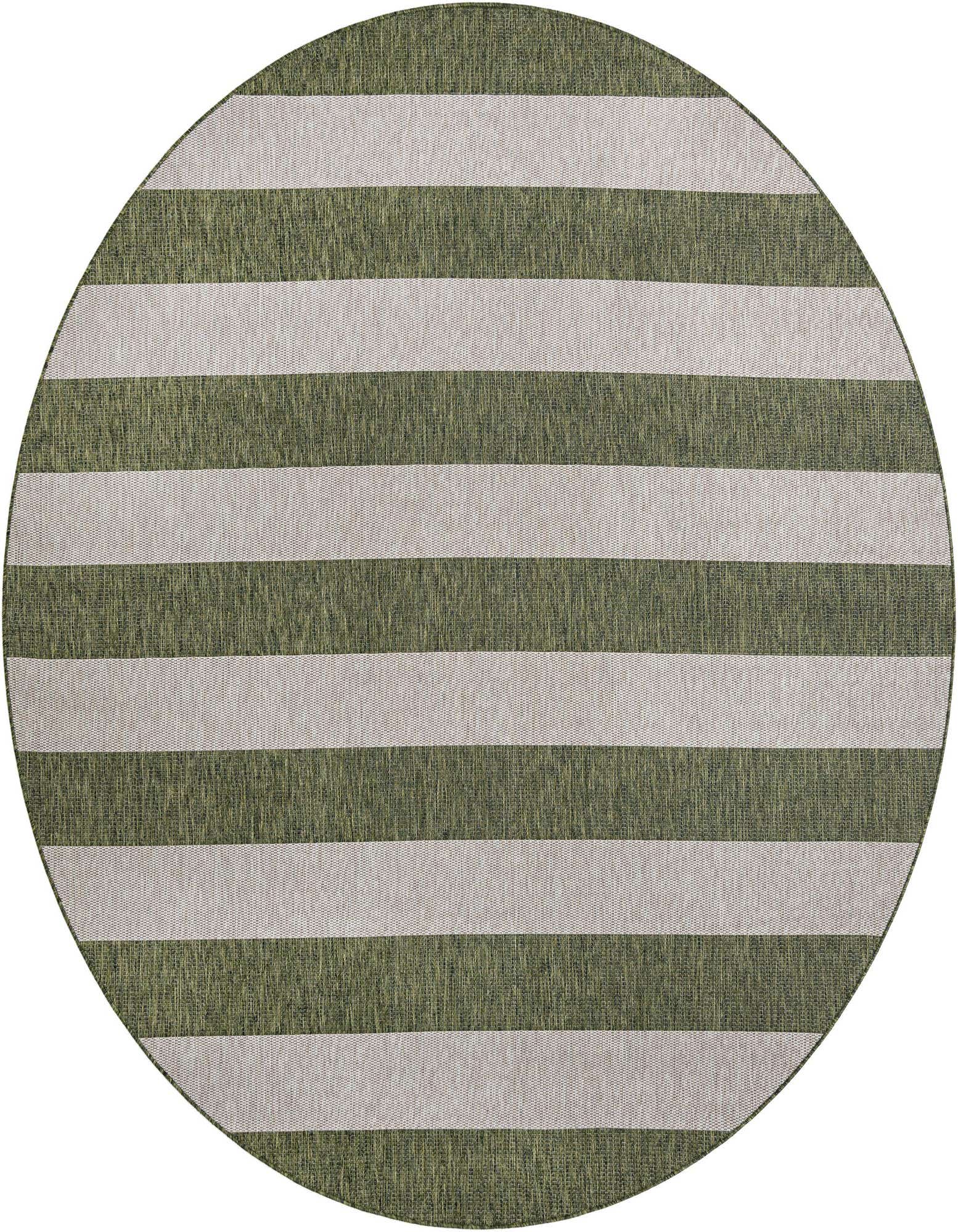 A 10-foot round green and beige striped outdoor rug, perfect for a patio or deck.