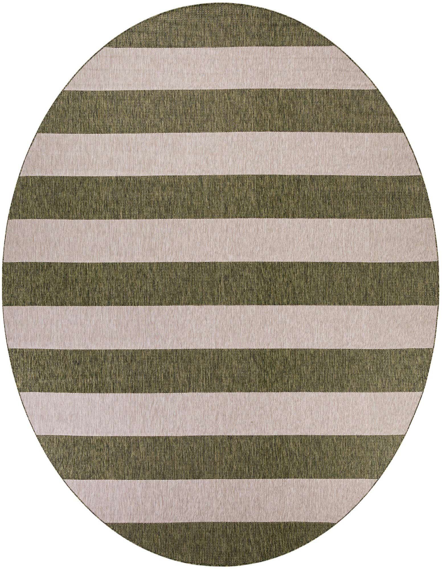 A 12-foot round green and beige striped indoor/outdoor rug, perfect for a patio or deck.