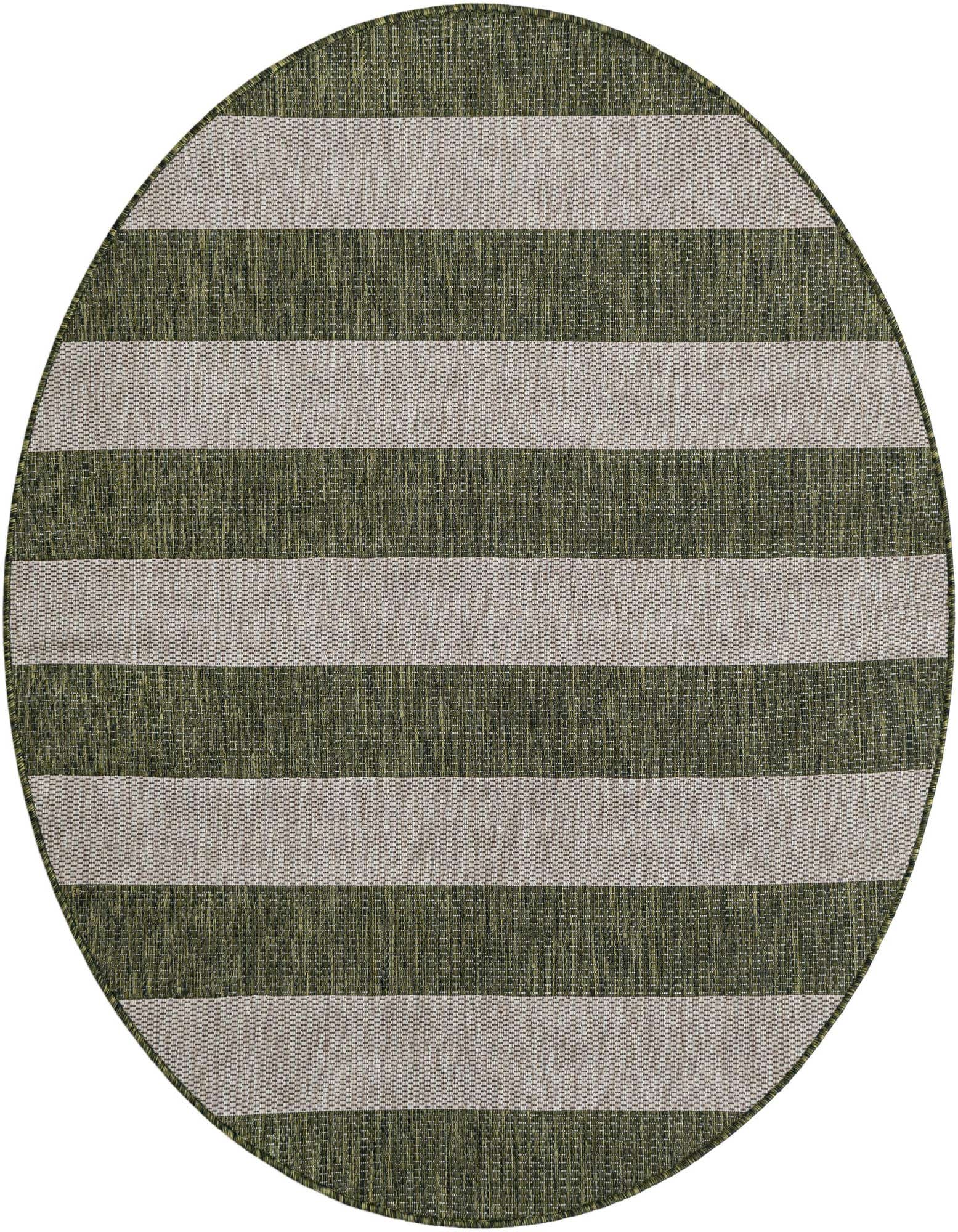 A 5' 3 round green and beige striped flatweave rug, suitable for indoor or outdoor use on a patio.