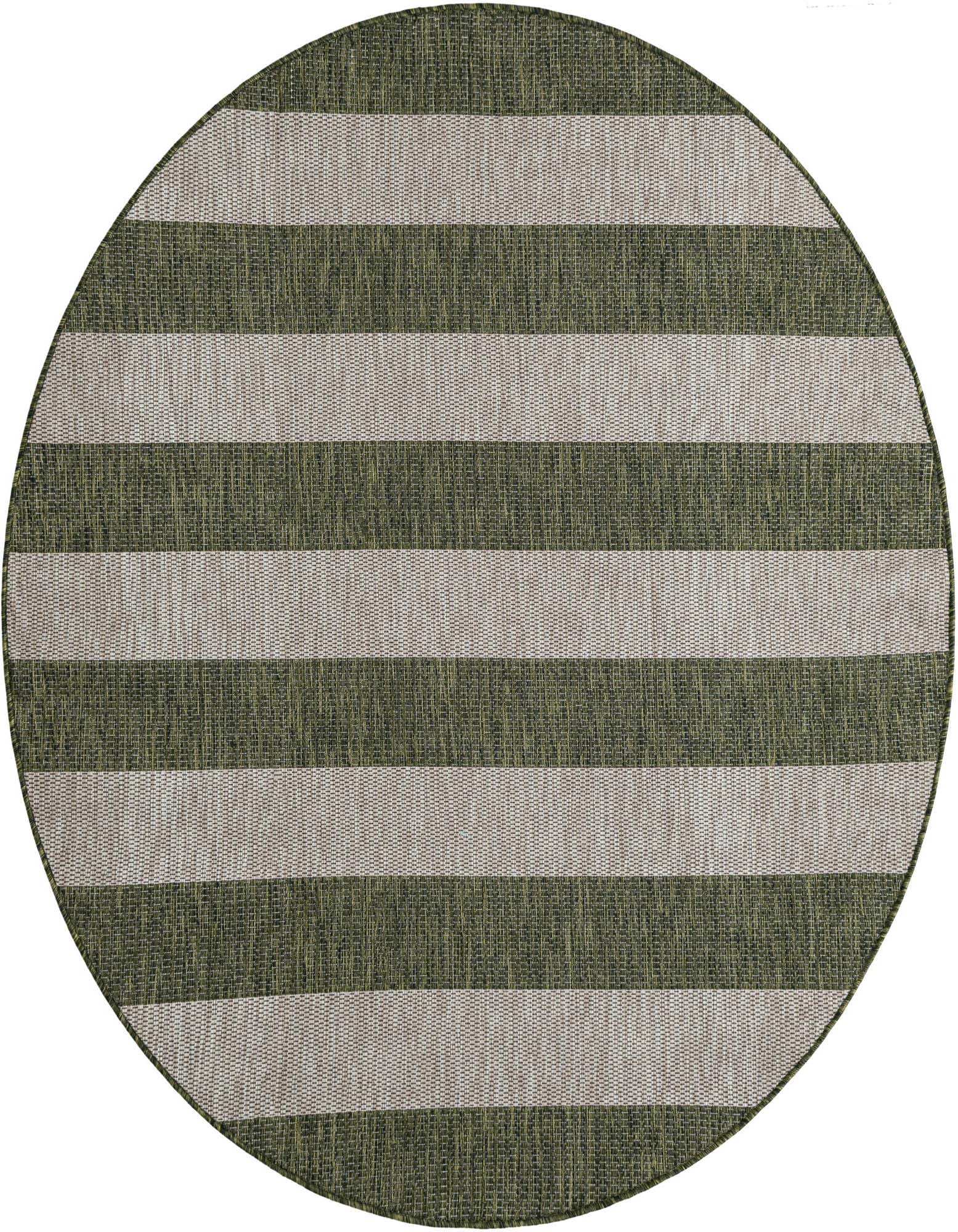 A round 6' green and beige striped indoor/outdoor rug with a flatweave texture, suitable for a patio.