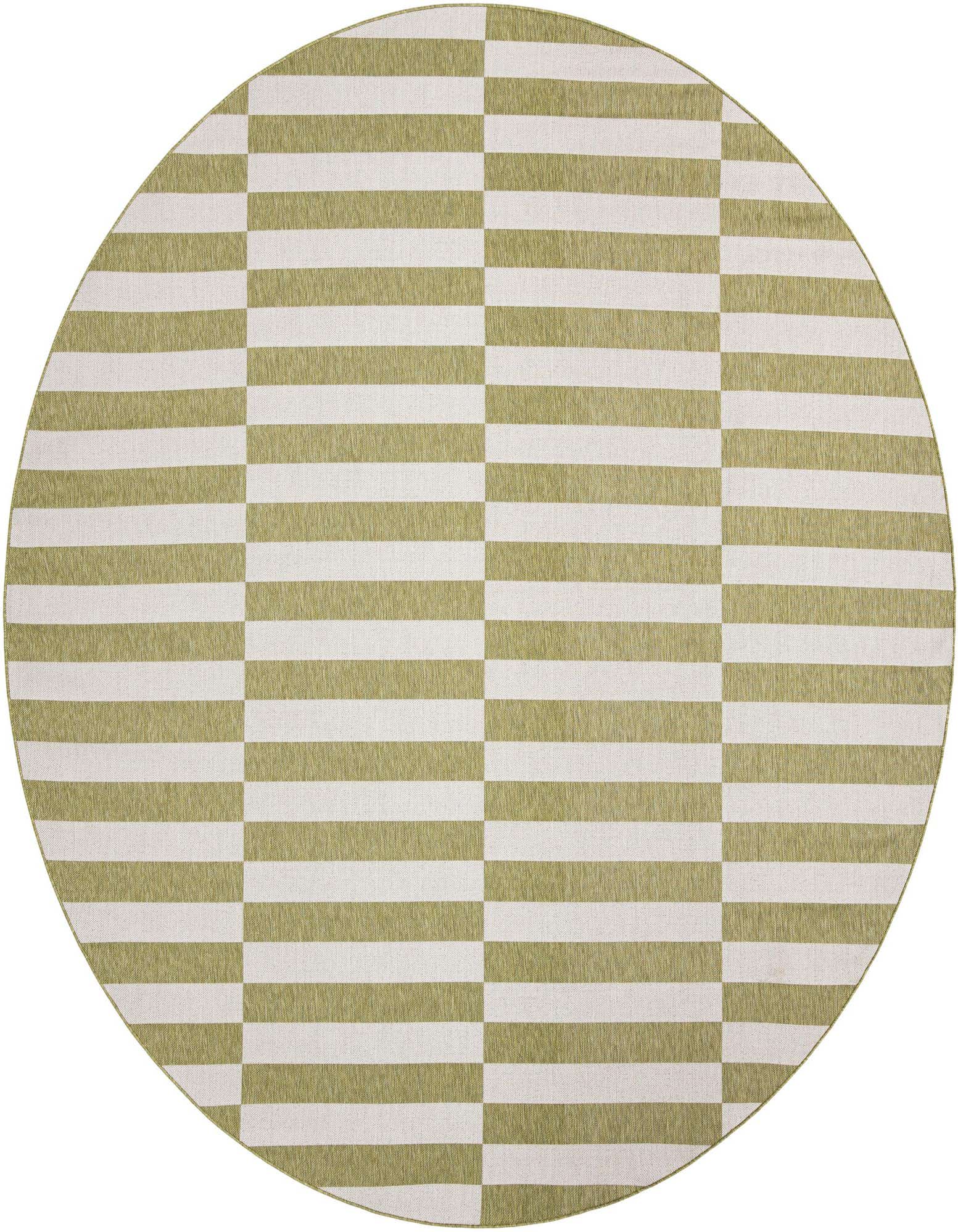 A 12-foot round green and white striped modern rug with a flatweave texture, suitable for indoor or outdoor use.