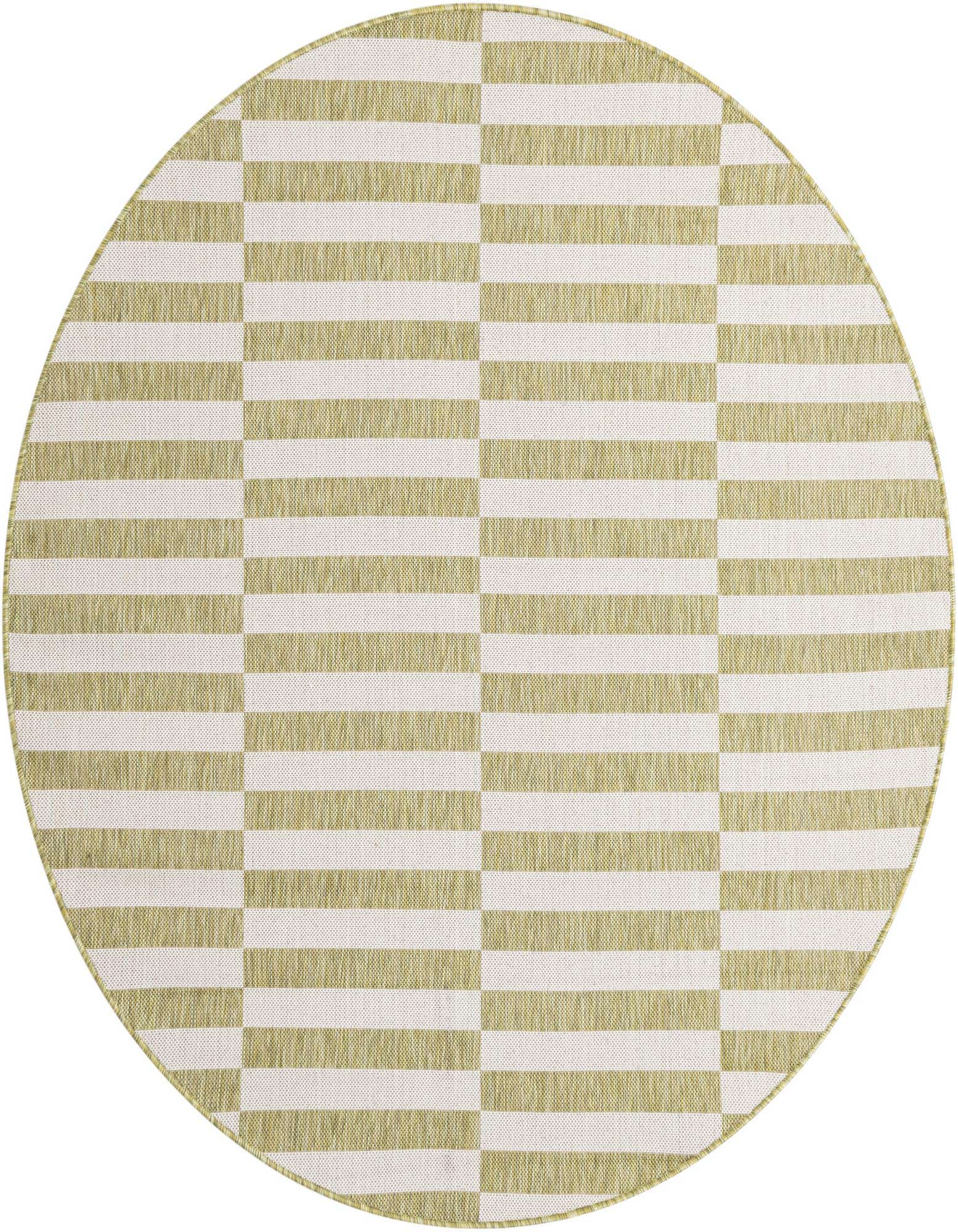 A round green and white striped rug with a modern geometric pattern, suitable for indoor or outdoor use.
