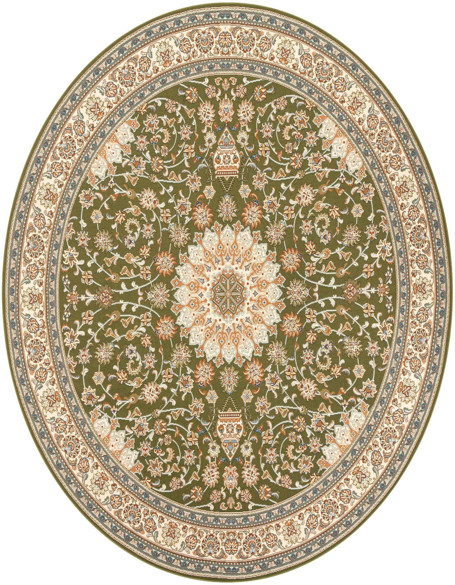 A 10-foot round green Oriental rug with a detailed floral medallion pattern in cream, orange, and blue, suitable for a patio.