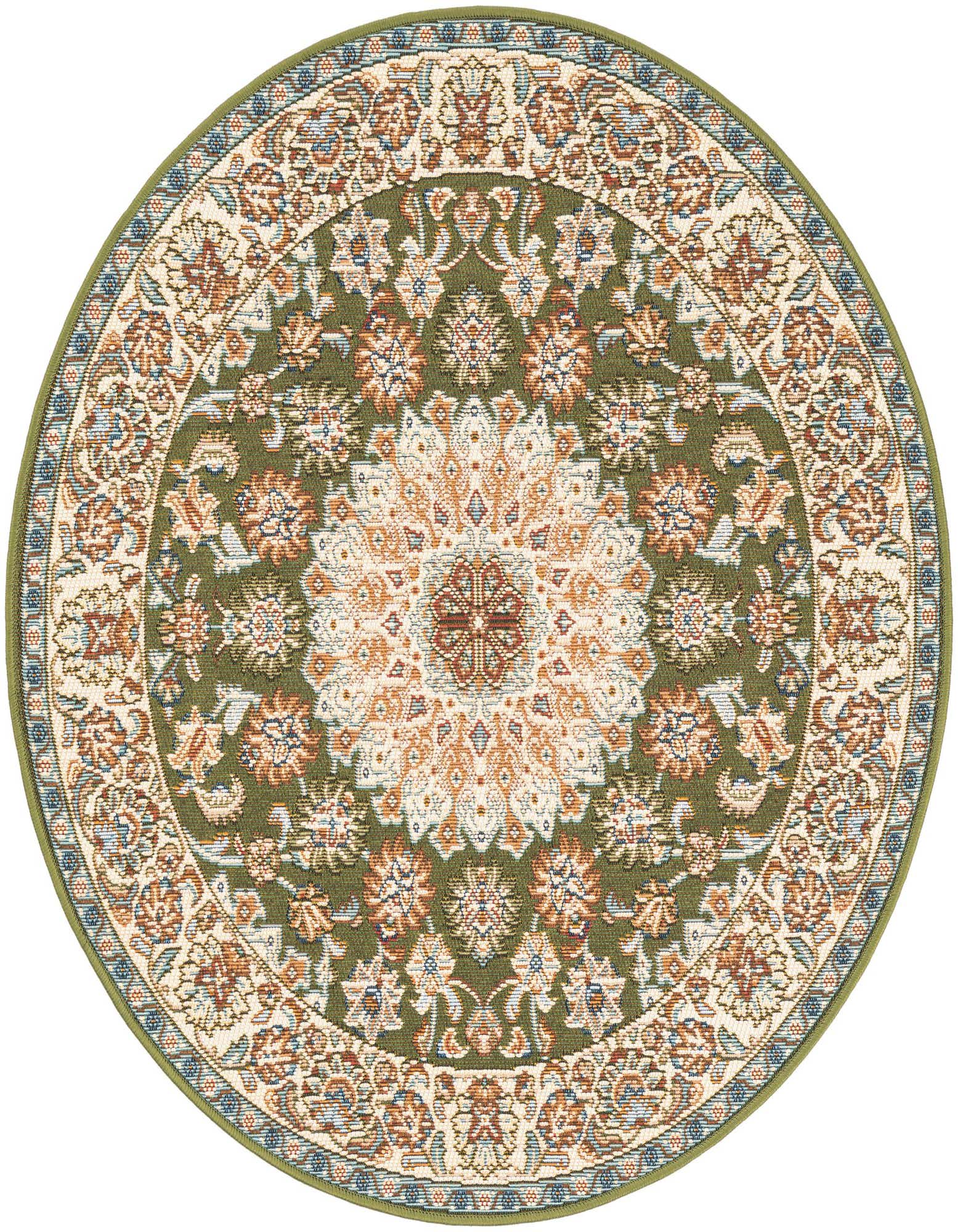 A 3' 3 x 3' 3 round green rug with a traditional oriental medallion pattern in cream, rust, and blue, suitable for a patio.