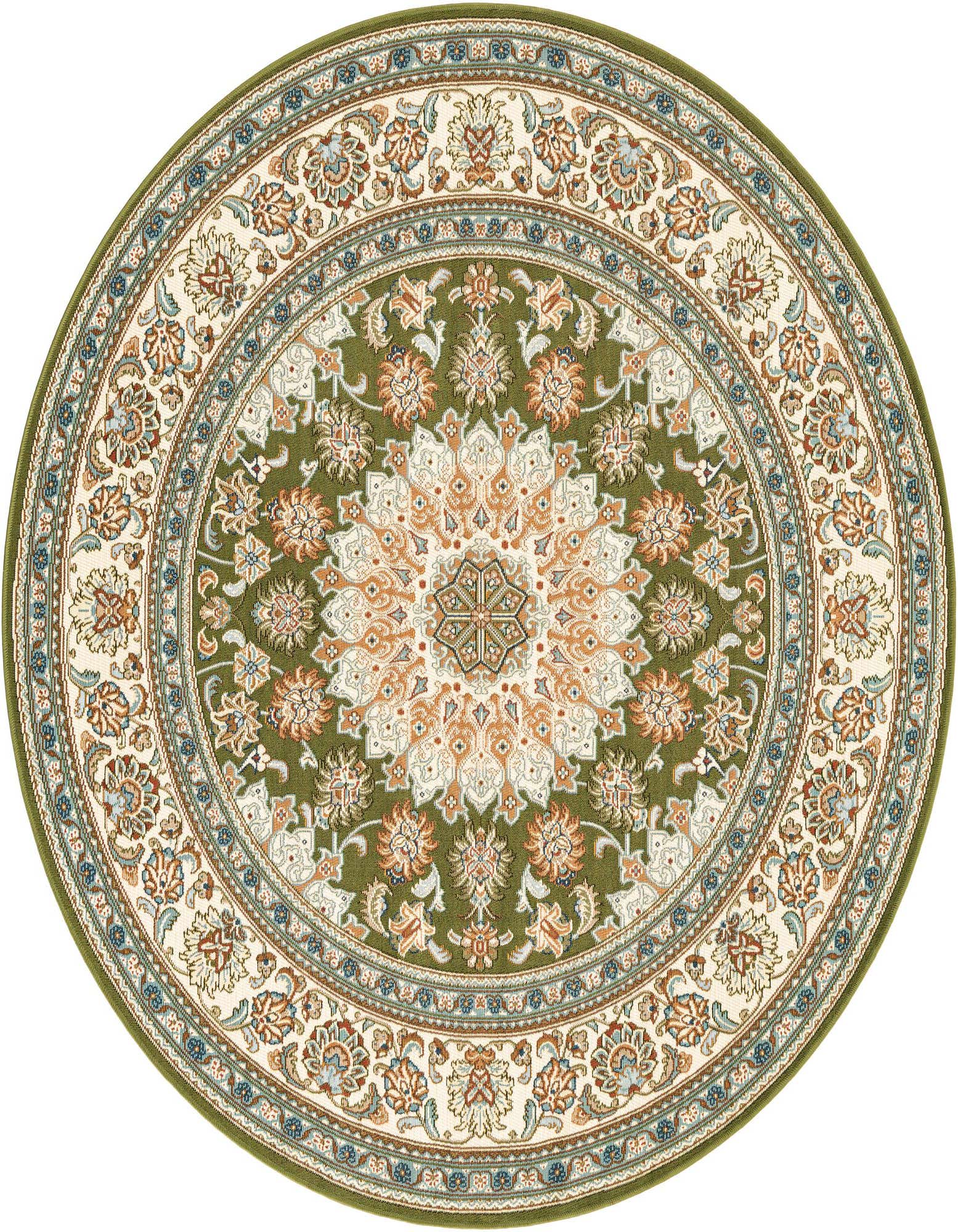 A round green outdoor rug with a traditional medallion pattern in cream, orange, and blue, suitable for a patio.