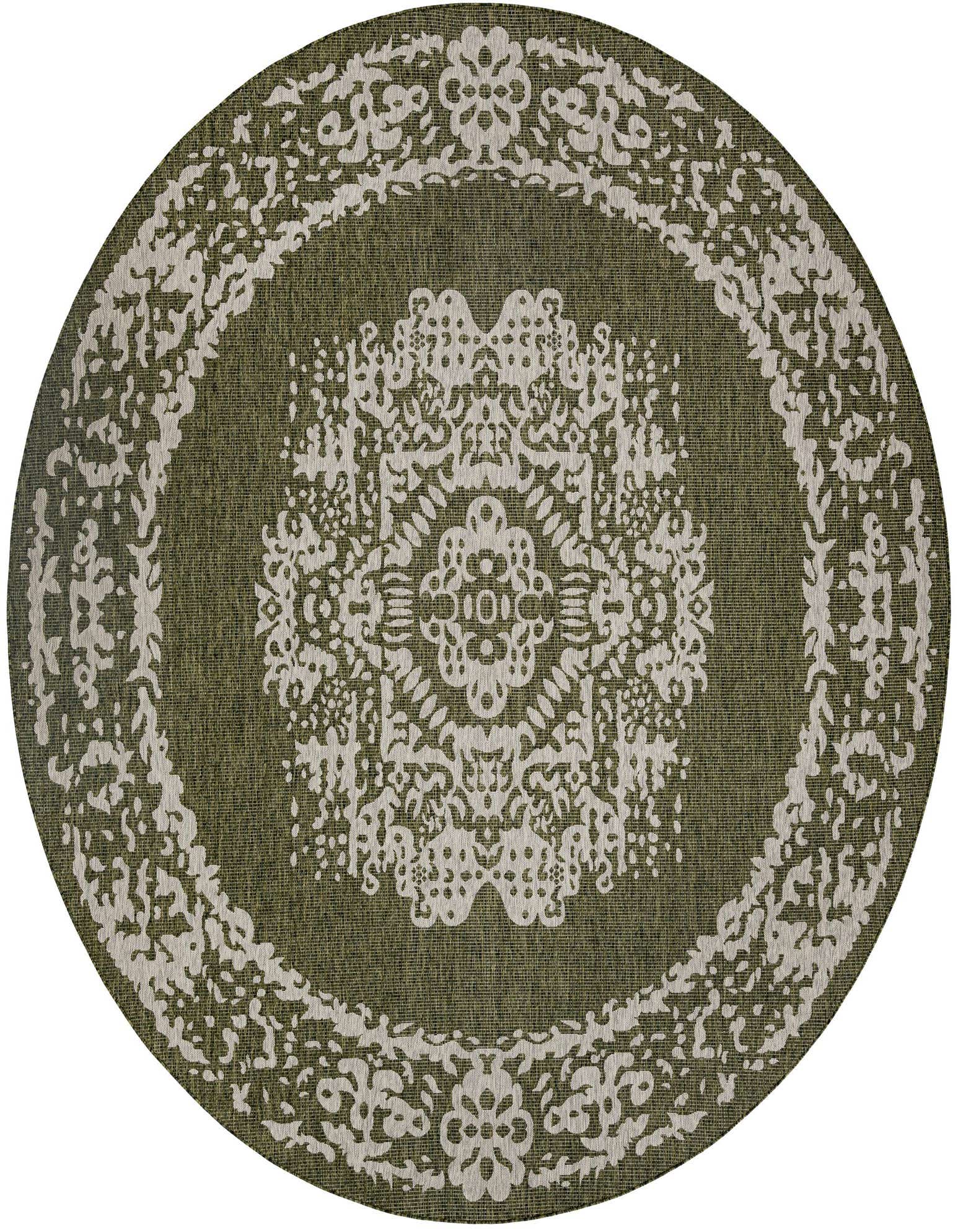 A 12-foot round green Southwestern rug with a detailed white traditional medallion pattern, ideal for indoor or outdoor use.