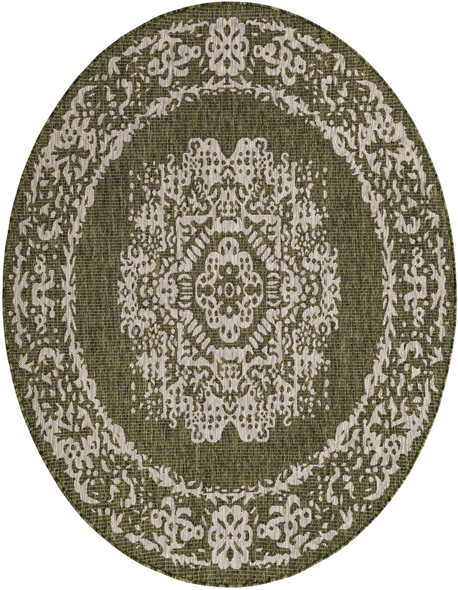 A 6' 0 x 6' 0 round green Southwestern rug with a detailed cream medallion pattern and border, suitable for indoor/outdoor use.