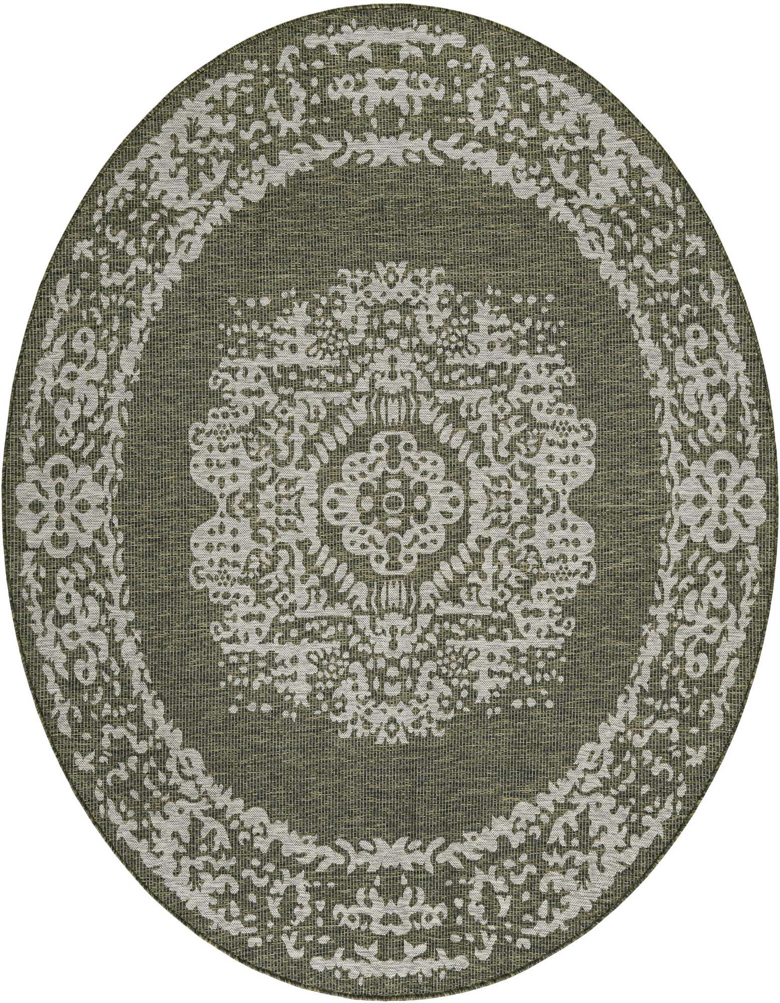 A 7' 10 round green indoor/outdoor rug with a light sage green traditional medallion and border pattern.