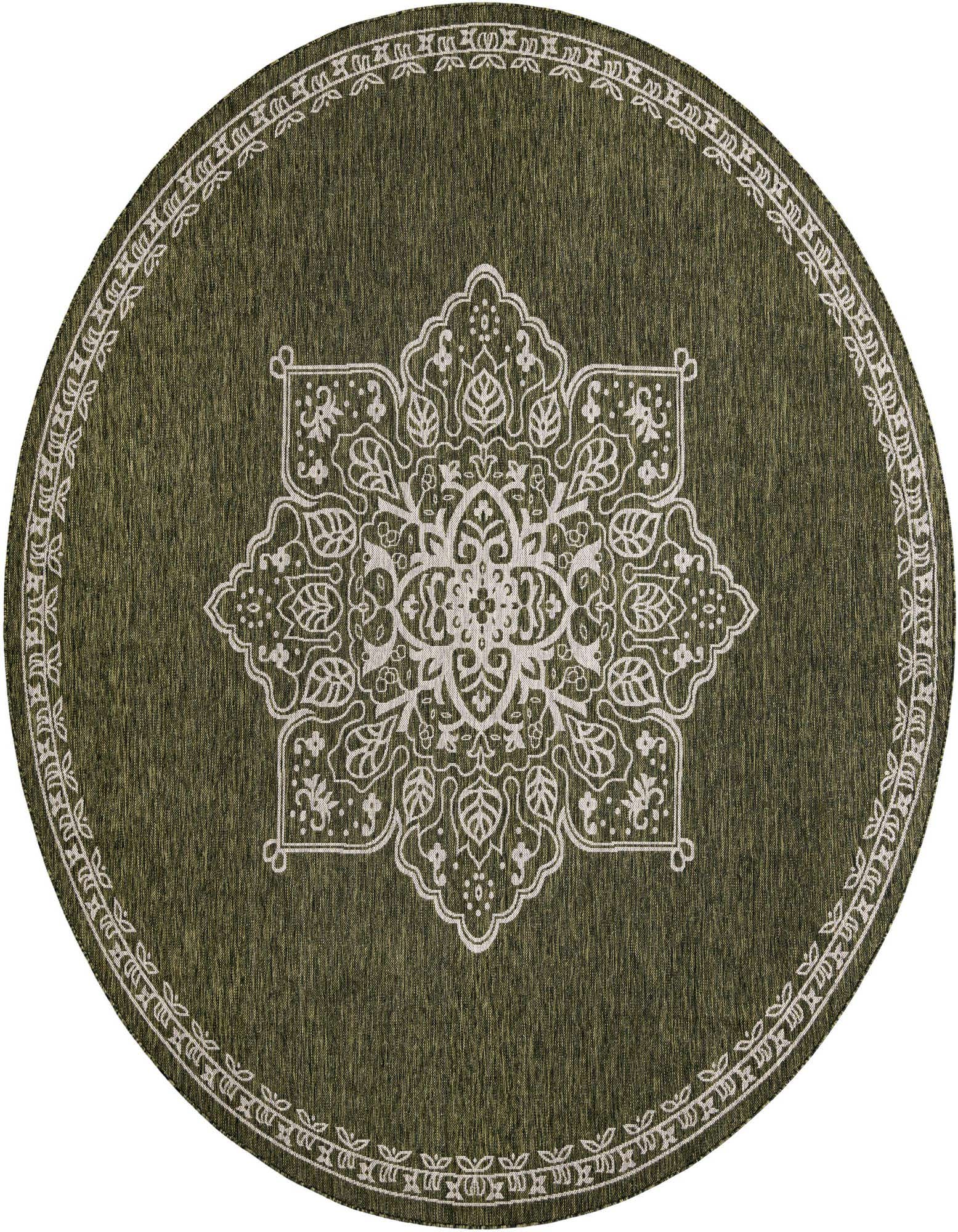 A 10-foot round green indoor/outdoor rug with a large white traditional medallion pattern and a decorative border.