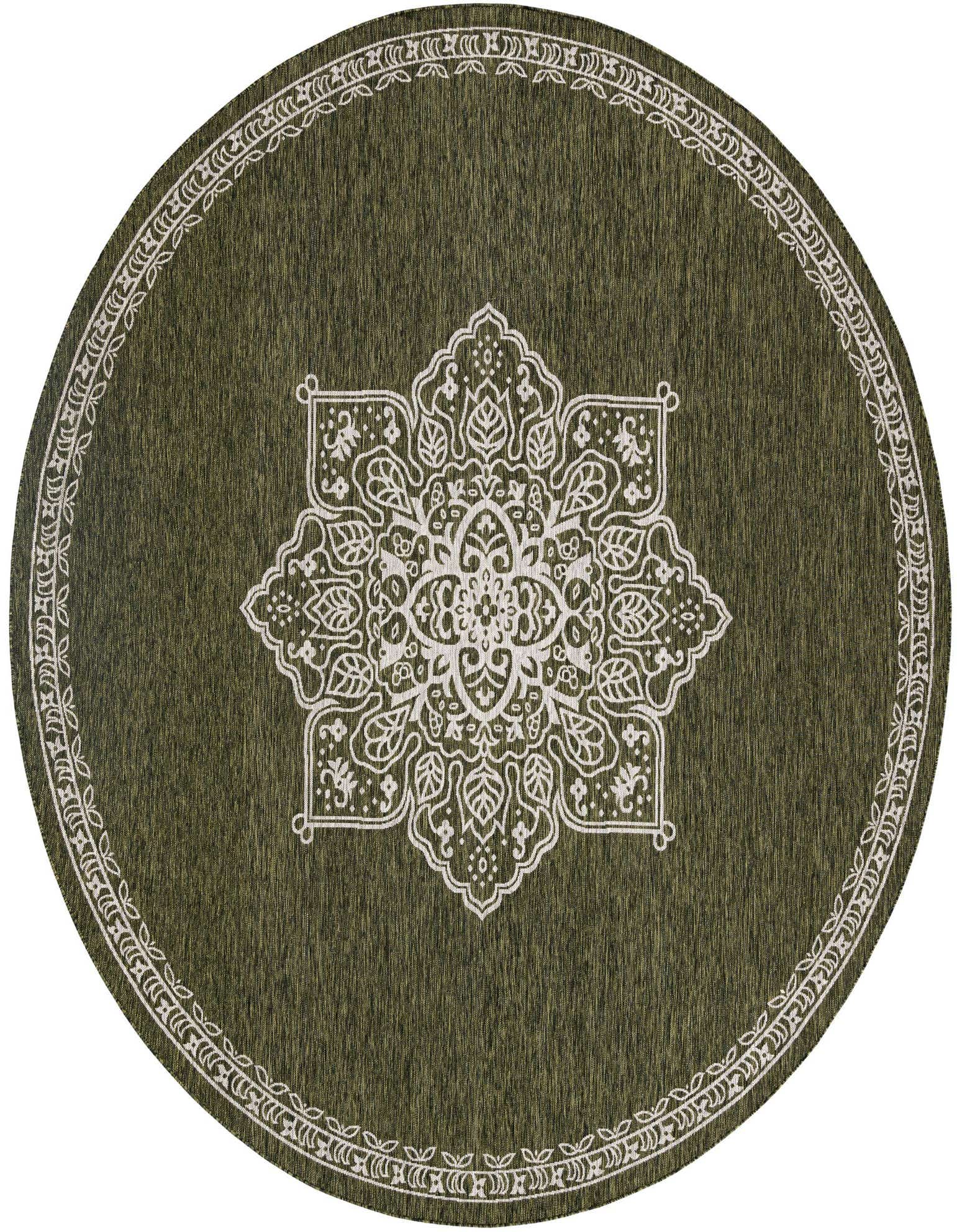 A 12' round green indoor/outdoor rug with a white traditional medallion pattern and border, suitable for a patio.