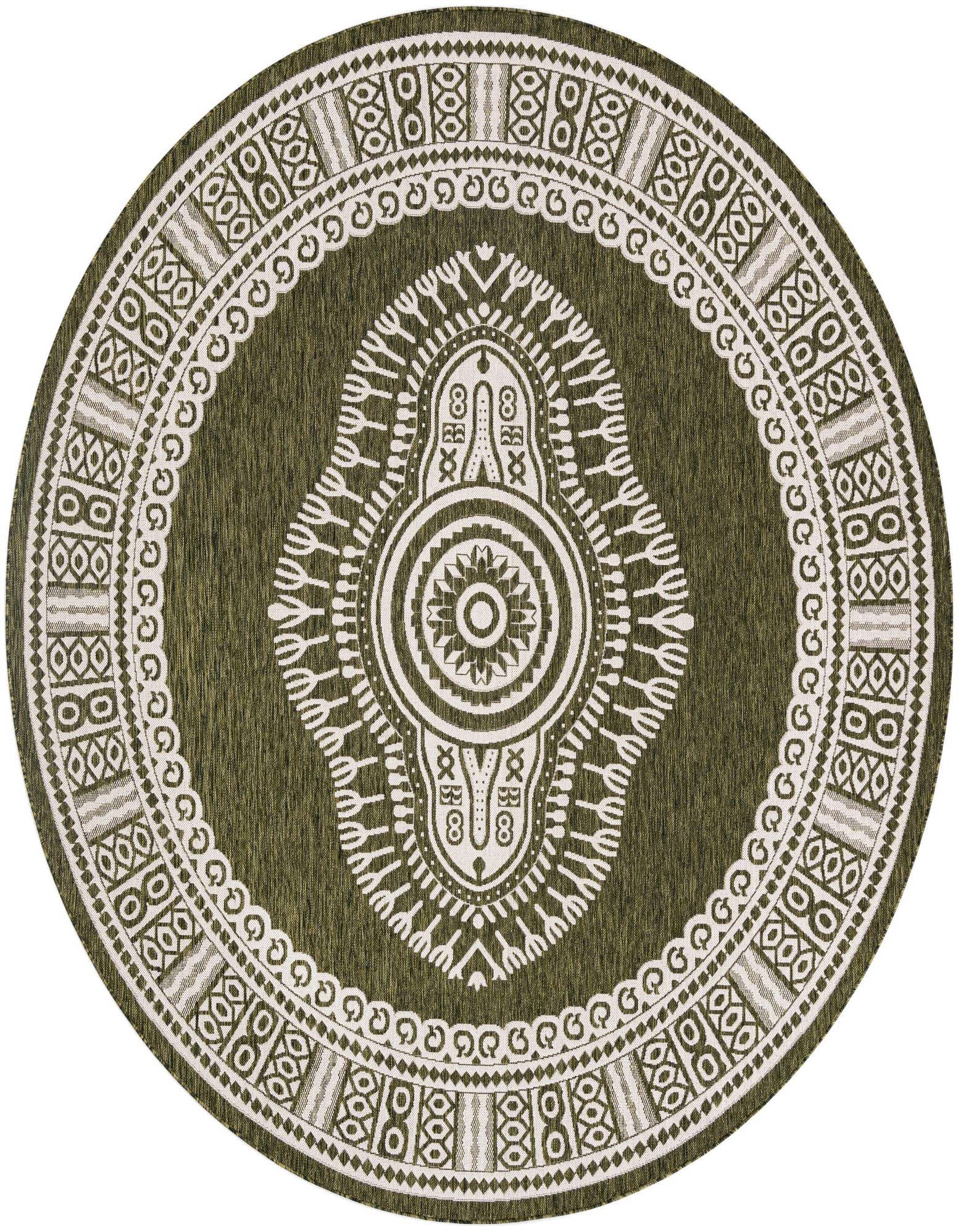 A 10-foot round green and white traditional medallion rug with intricate patterns, suitable for indoor or outdoor use.