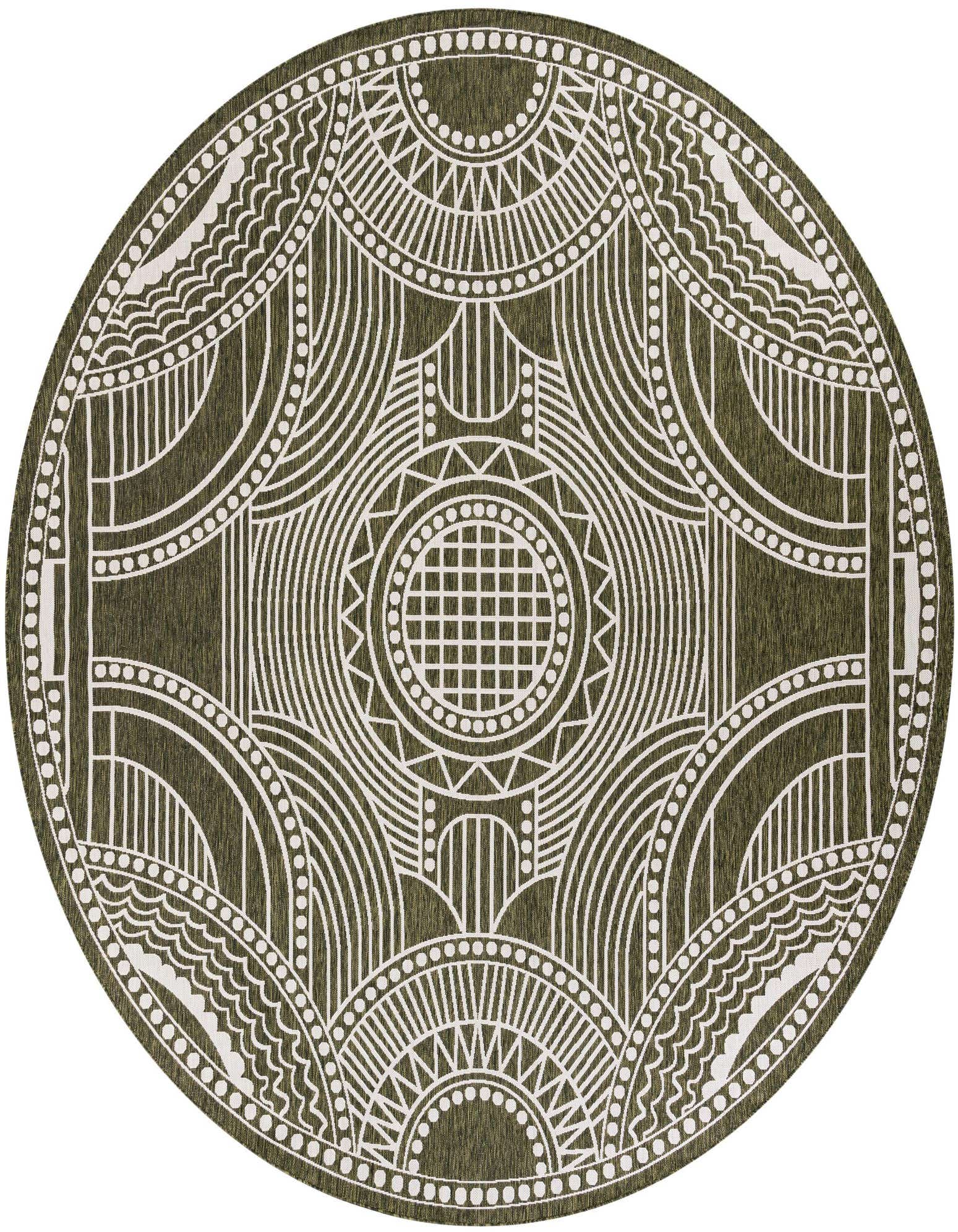 A 12' round green indoor/outdoor rug with a white traditional medallion and geometric pattern.